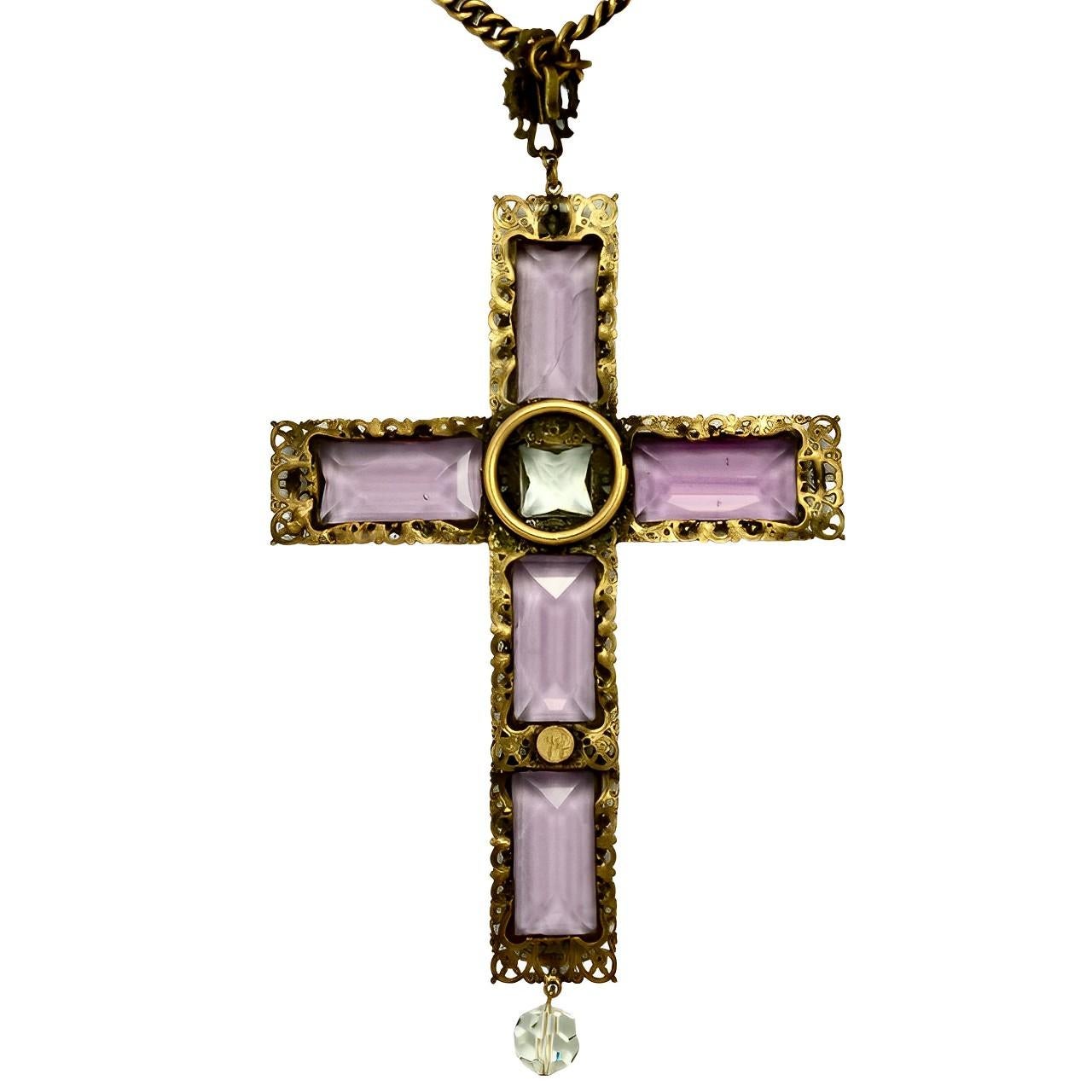 da uomo o donna Joseff of Hollywood - Collana con croce placcata in oro, malva e cristalli trasparenti, anni '40 in vendita