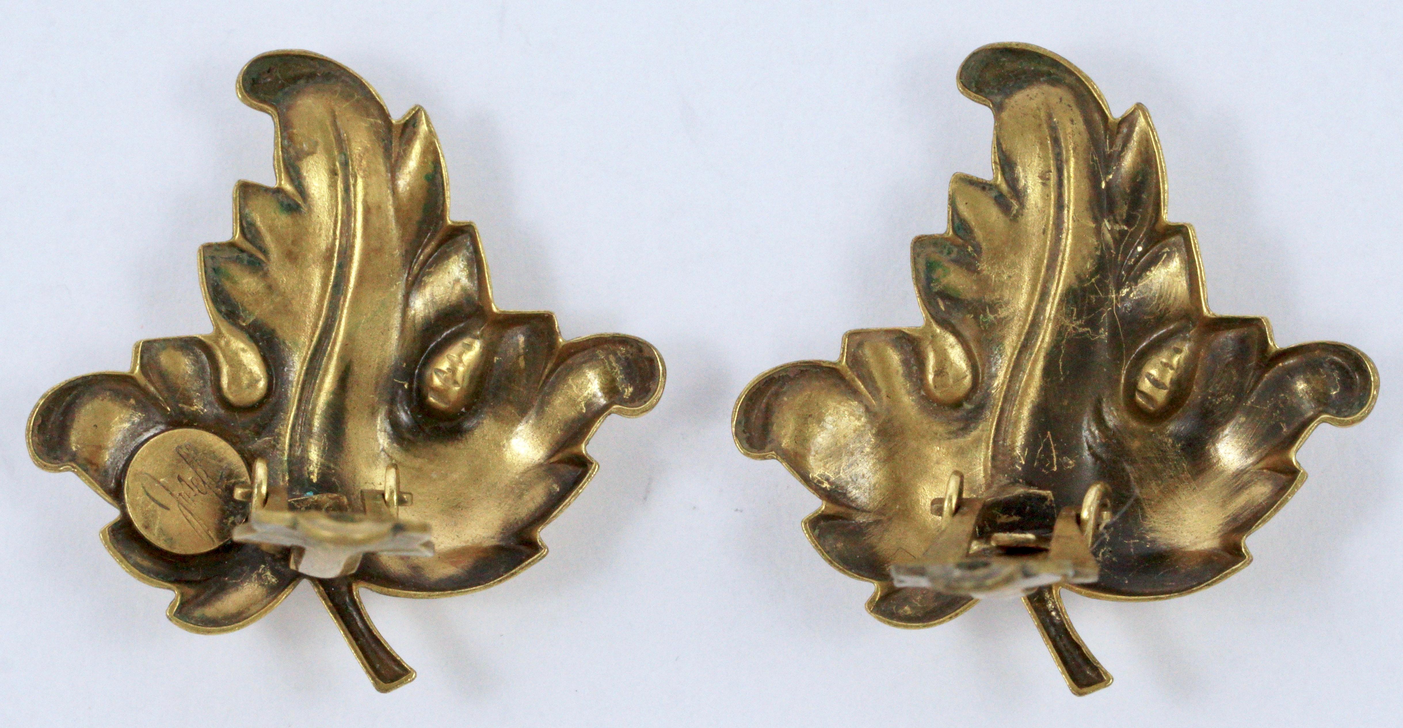 Joseff of Hollywood Gold Plated Antique Finish Leaf Clip On Earrings 1940s In Good Condition For Sale In London, GB