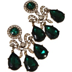 Joseff of Hollywood Green Glass and Rhinestone Gold-Tone Chandelier Clip-On