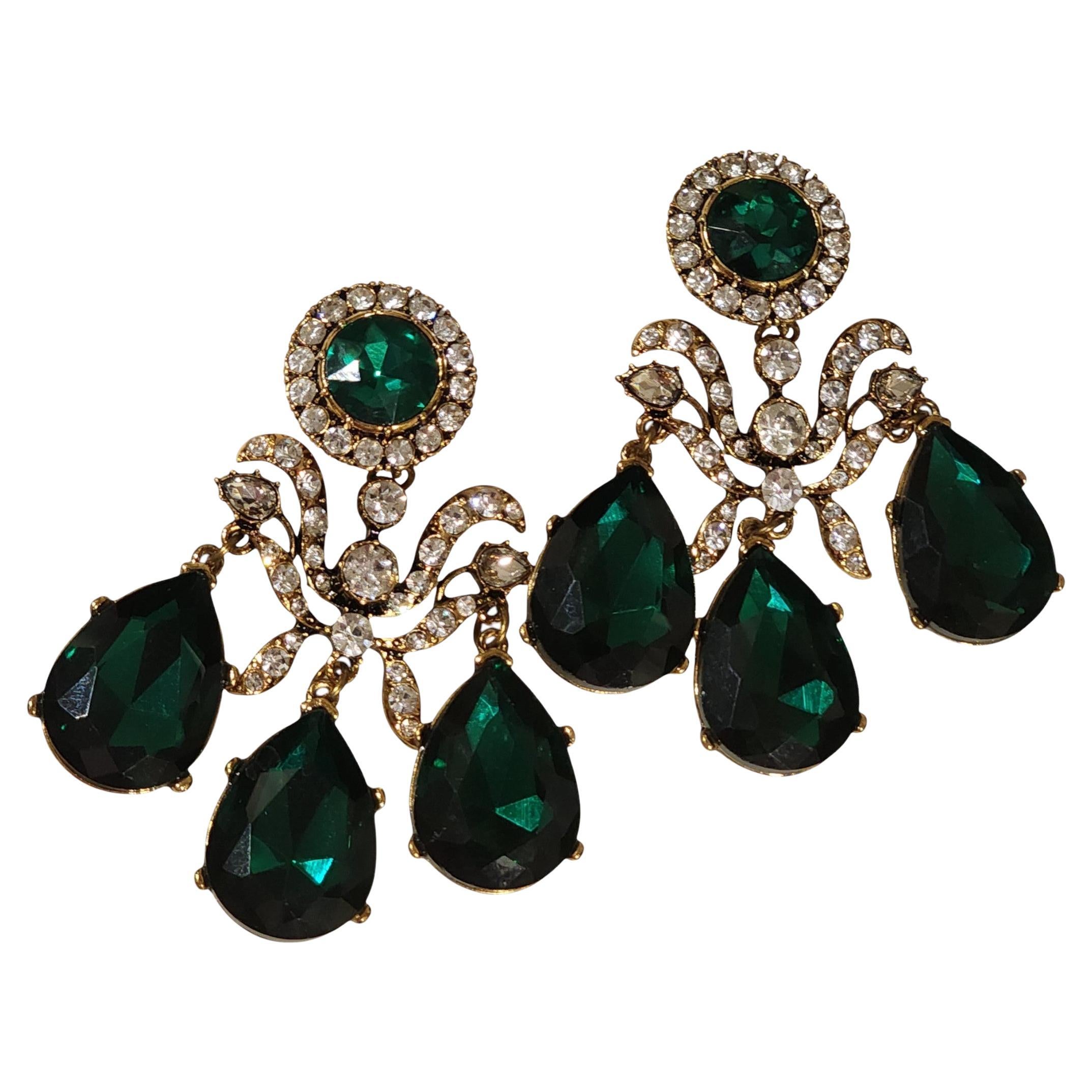 Joseff of Hollywood Green Glass and Rhinestone Gold-Tone Chandelier Clip-On