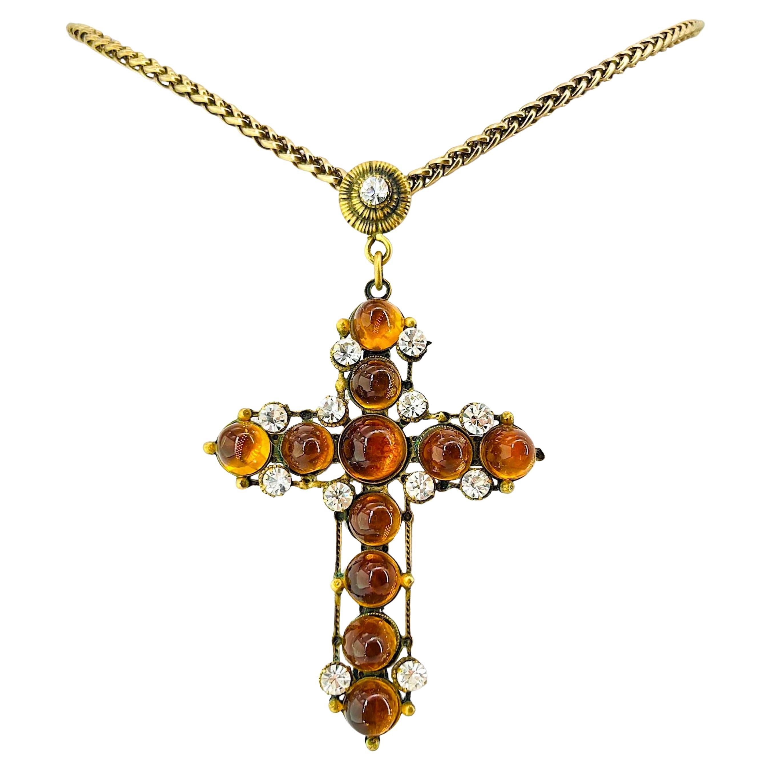 Joseff of Hollywood Jeweled Amber Cabochon Cross Necklace Costume Jewelry