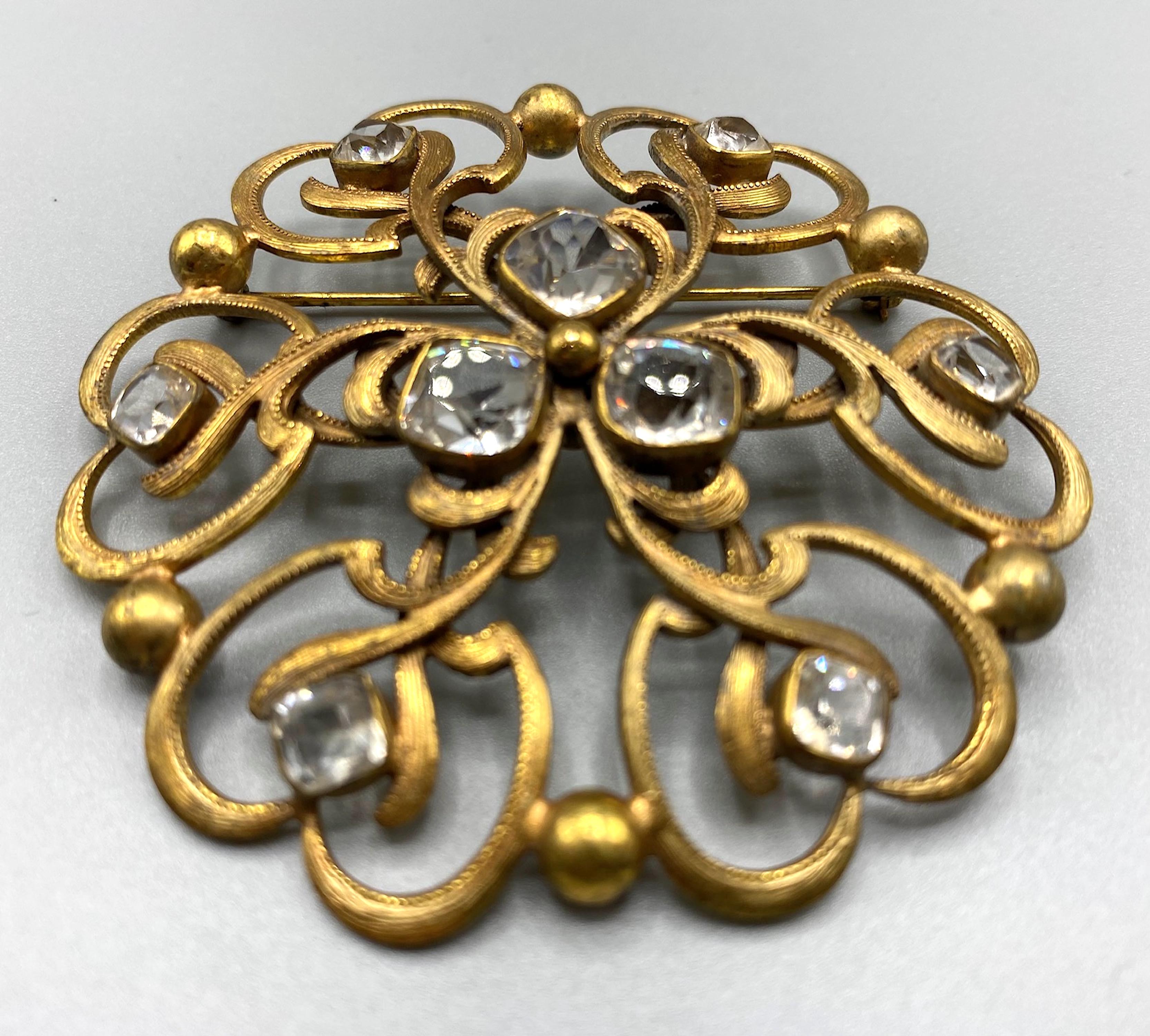 Round Cut Joseff of Hollywood Russian Gold and Crystal Round Brooch