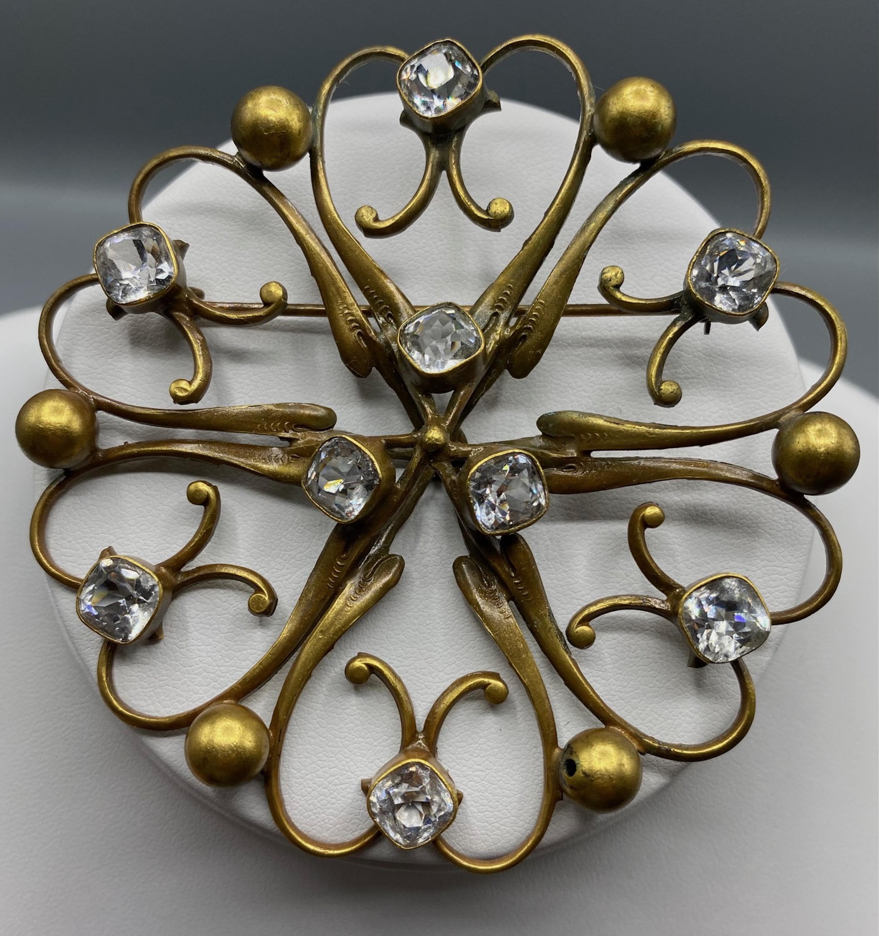Round Cut Joseff of Hollywood Russian Gold and Crystal Round Brooch For Sale