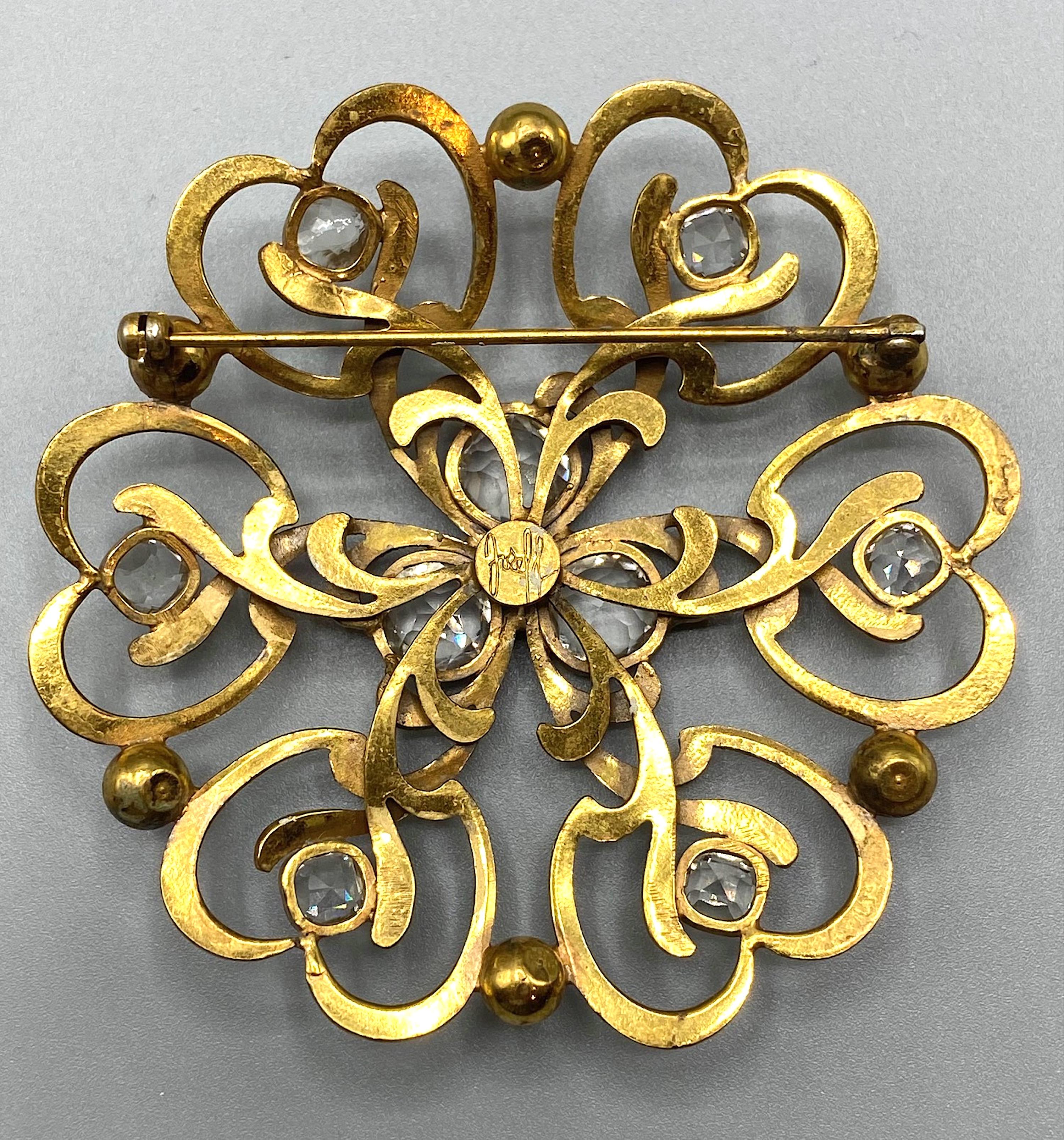 Joseff of Hollywood Russian Gold and Crystal Round Brooch 1