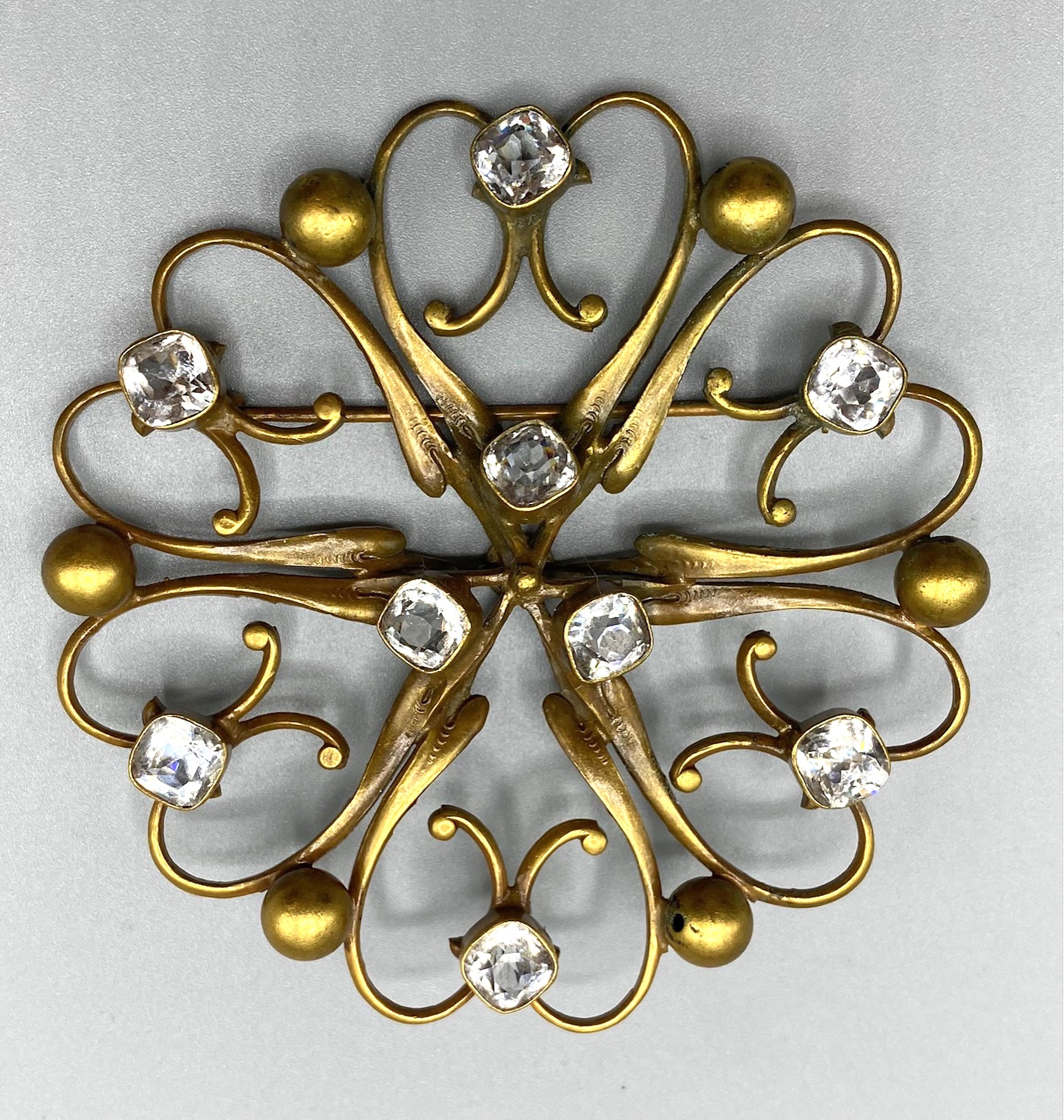 Joseff of Hollywood Russian Gold and Crystal Round Brooch For Sale 1