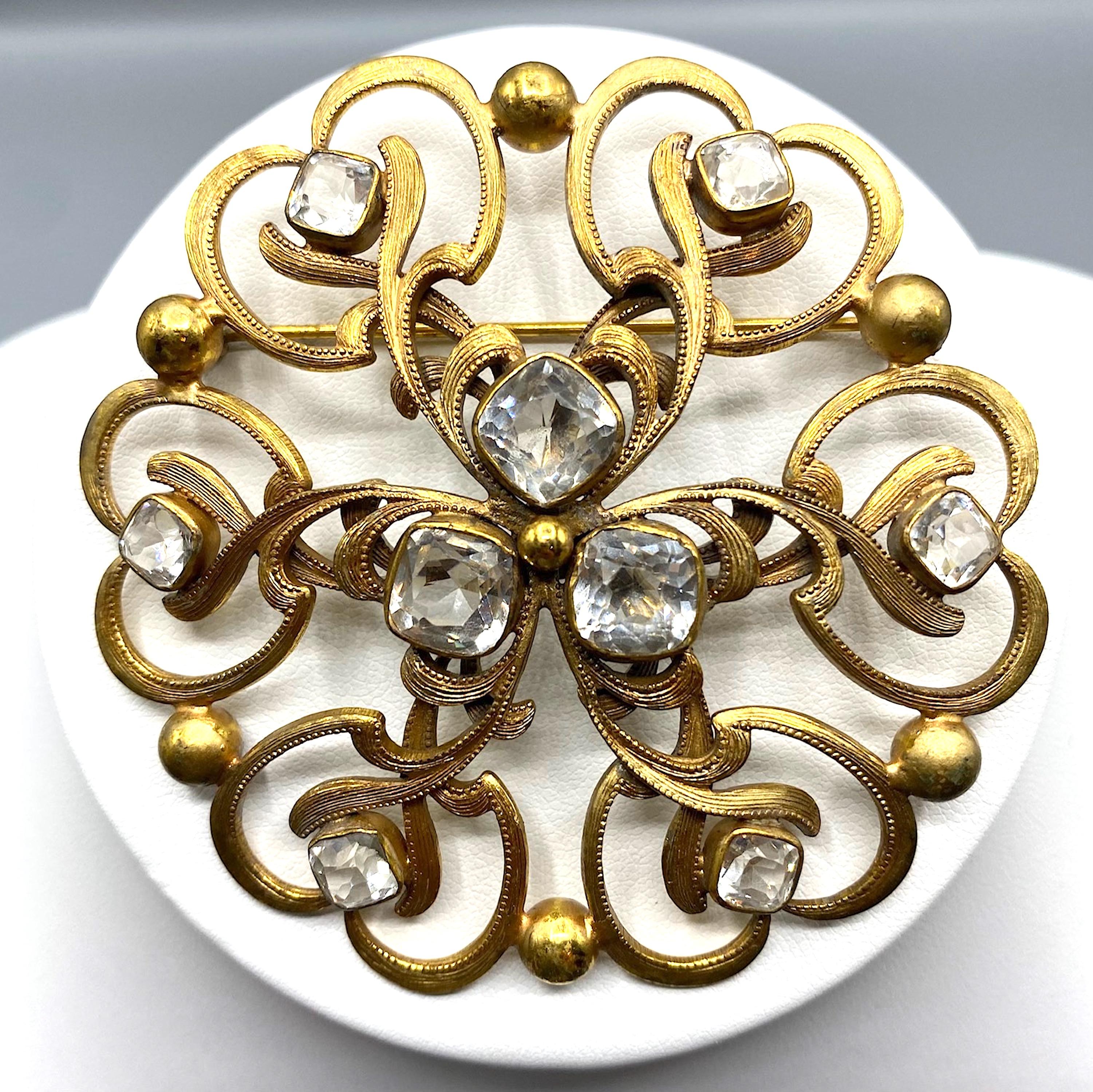 Joseff of Hollywood Russian Gold and Crystal Round Brooch 4