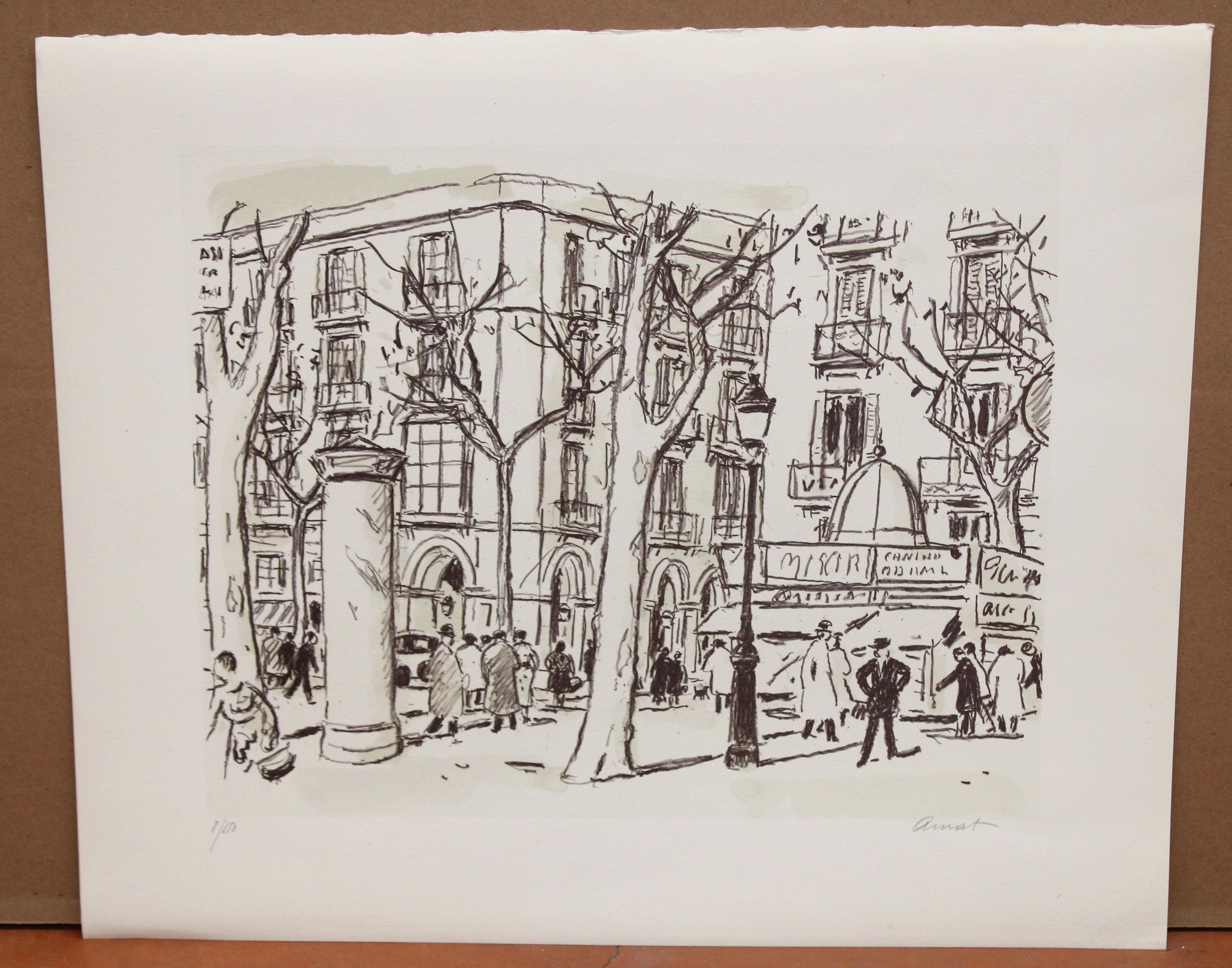 Litografia sobre papel - Vista de una plaza con personajes - Tiraje : 8/250 - Print de Josep Amat Pagès