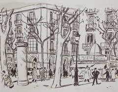 Litografia sobre papel - Vista de una plaza con personajes - Tiraje : 8/250