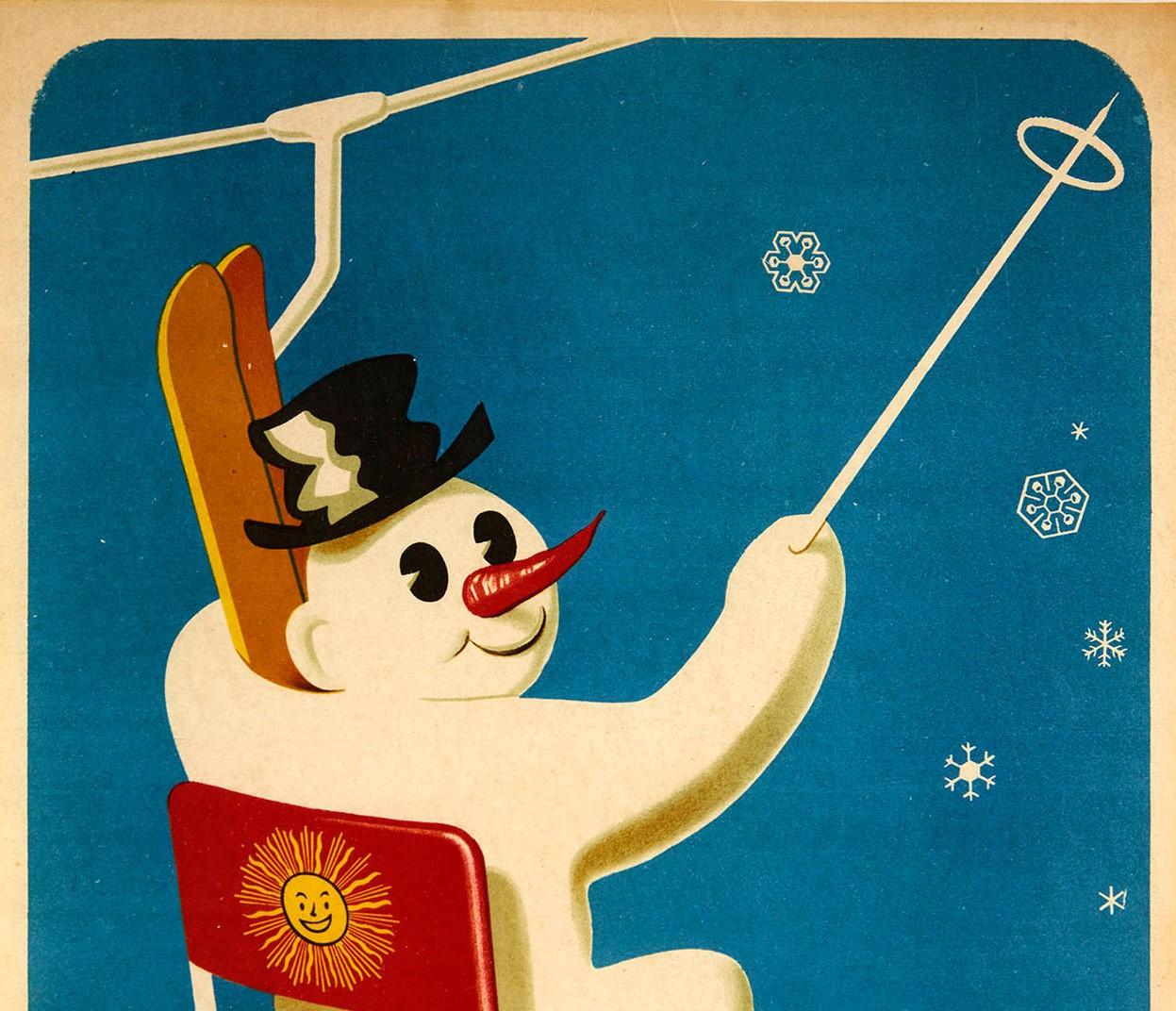 Original Vintage Skiing Poster La Molina Telesqui De Costa Rasa Snowman Spain - Print by Josep Artigas Ojeda