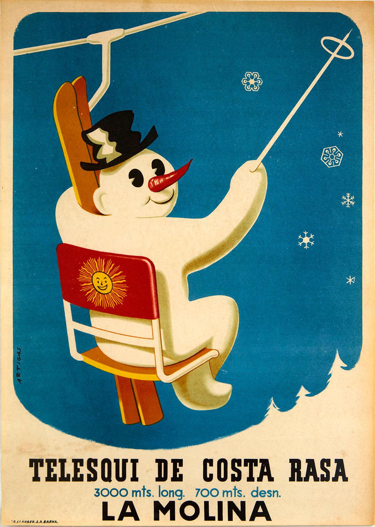 Josep Artigas Ojeda Print - Original Vintage Skiing Poster La Molina Telesqui De Costa Rasa Snowman Spain