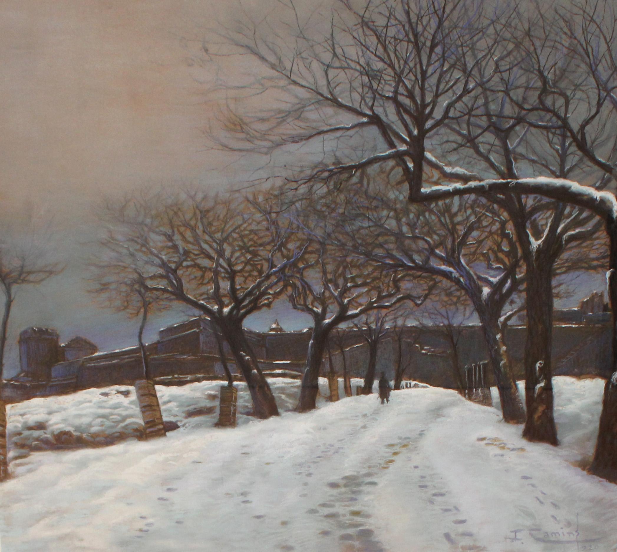 Snowy Landscape Mixed Media on Paper, Framed, Circa 1920