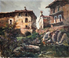 Spanish rural town landscape oil on canvas painting