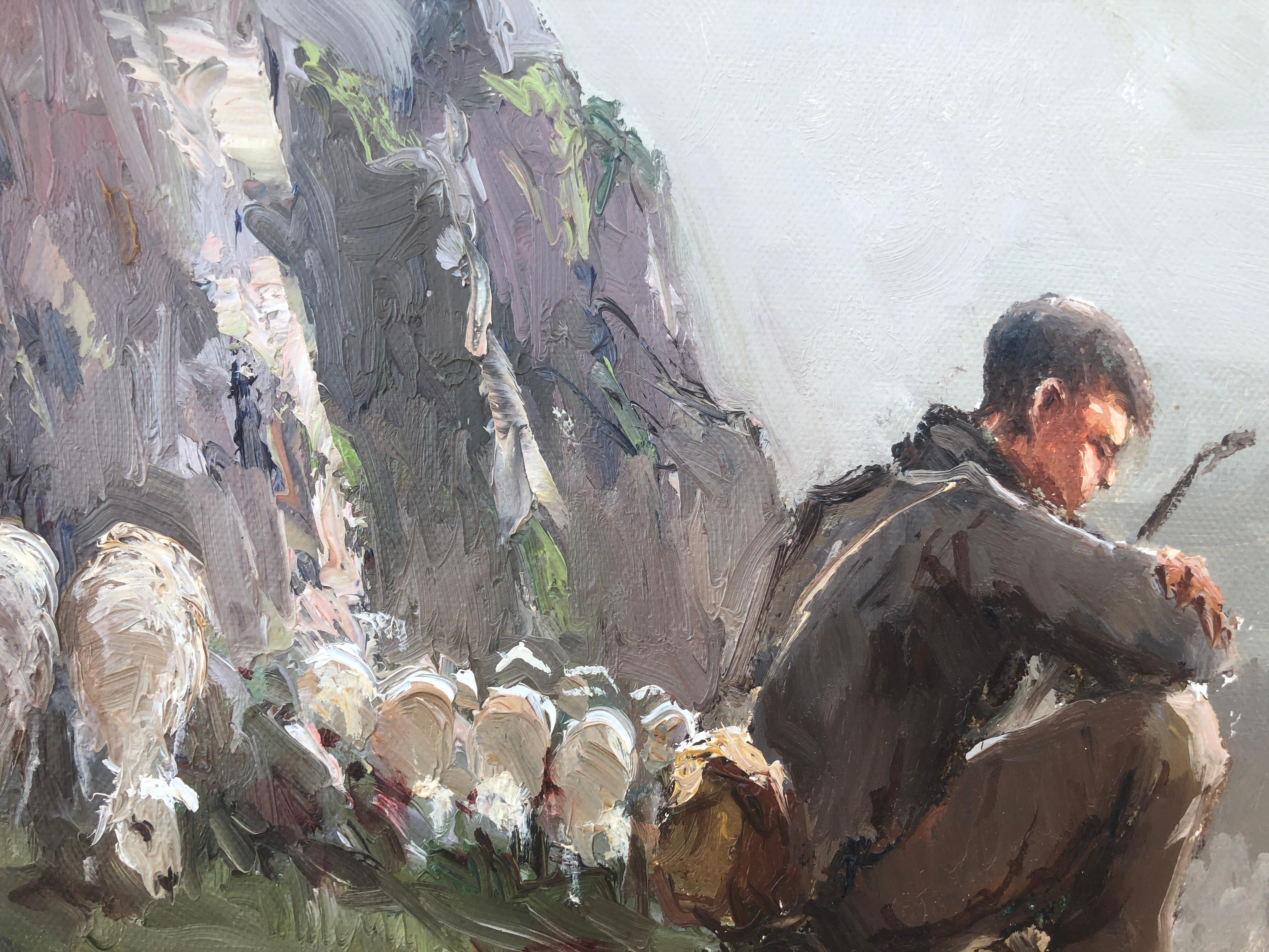 el pastor de ovejas paisaje español óleo sobre lienzo pintura España - Landscape Painting Gris de Josep Colomer