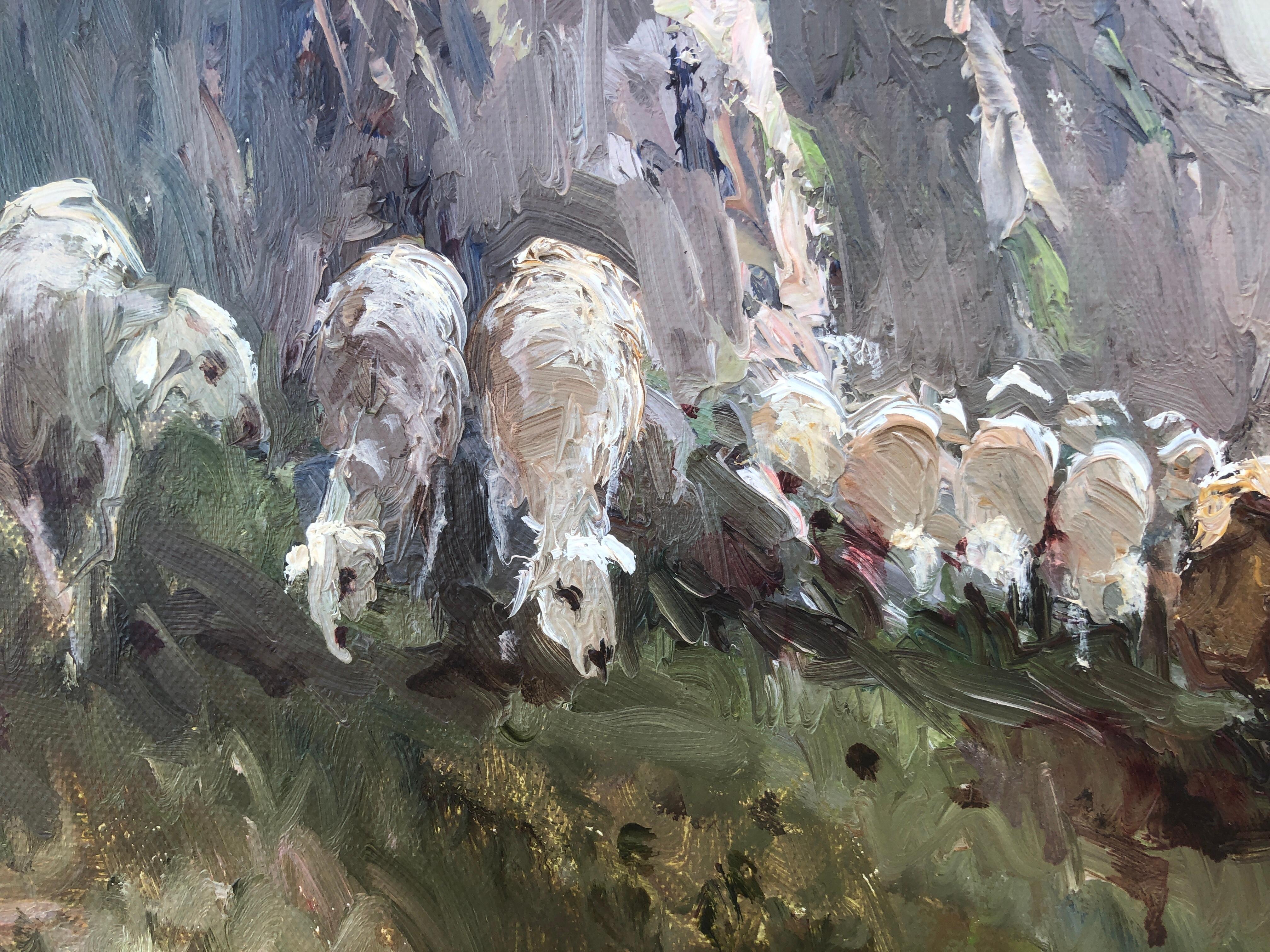 the sheep herder spanish landscape oil on canvas painting Spain - Gray Landscape Painting by Josep Colomer