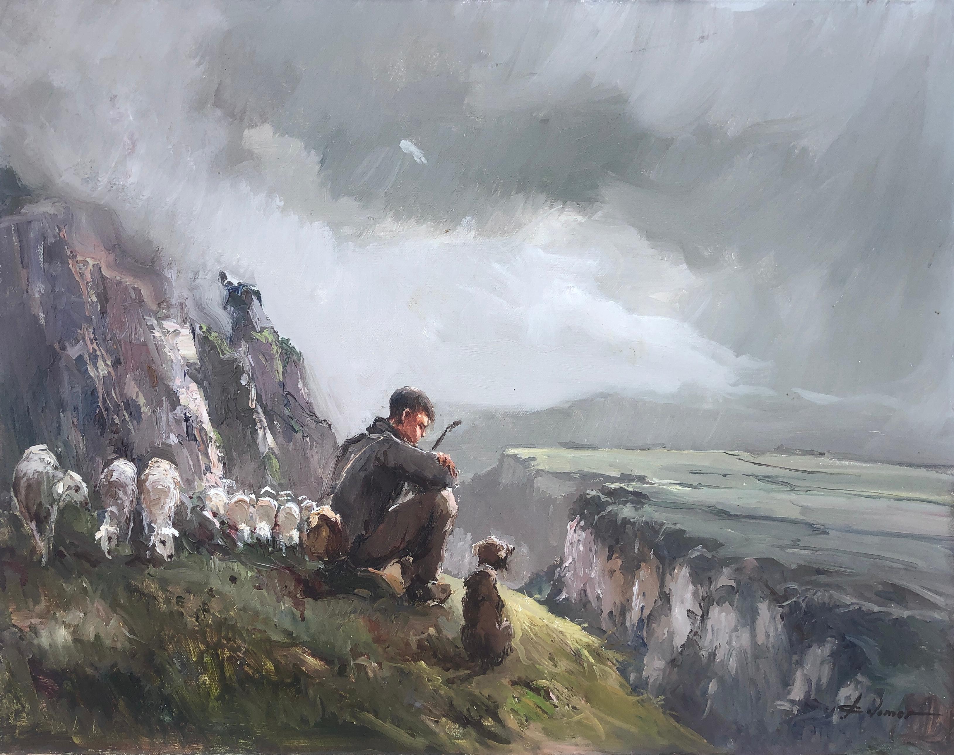 Josep Colomer Landscape Painting - the sheep herder spanish landscape oil on canvas painting Spain