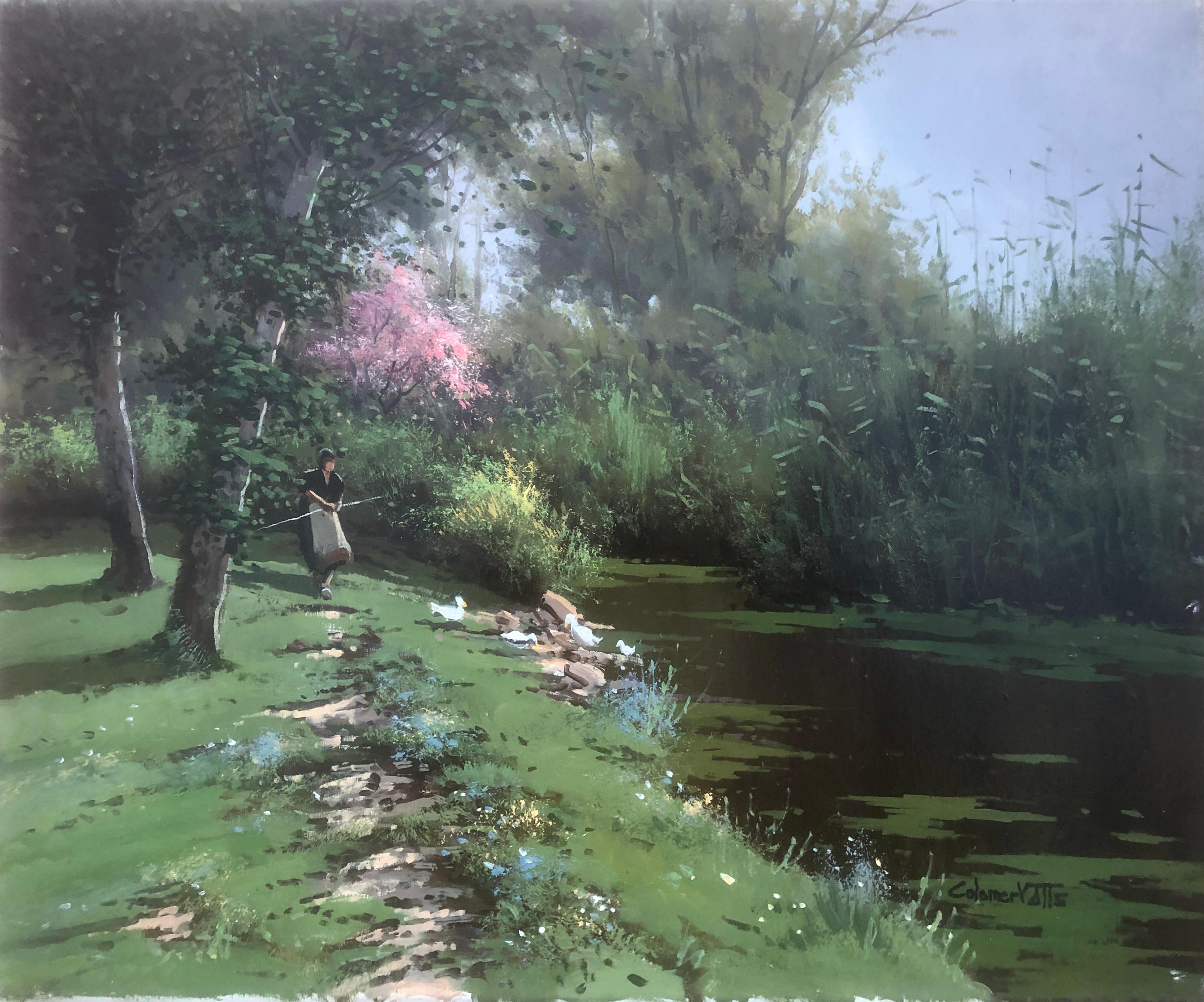Josep Colomer Valls Landscape Painting – Landschaft mit Fluss Öl auf Leinwand Gemälde Spanien spanisch