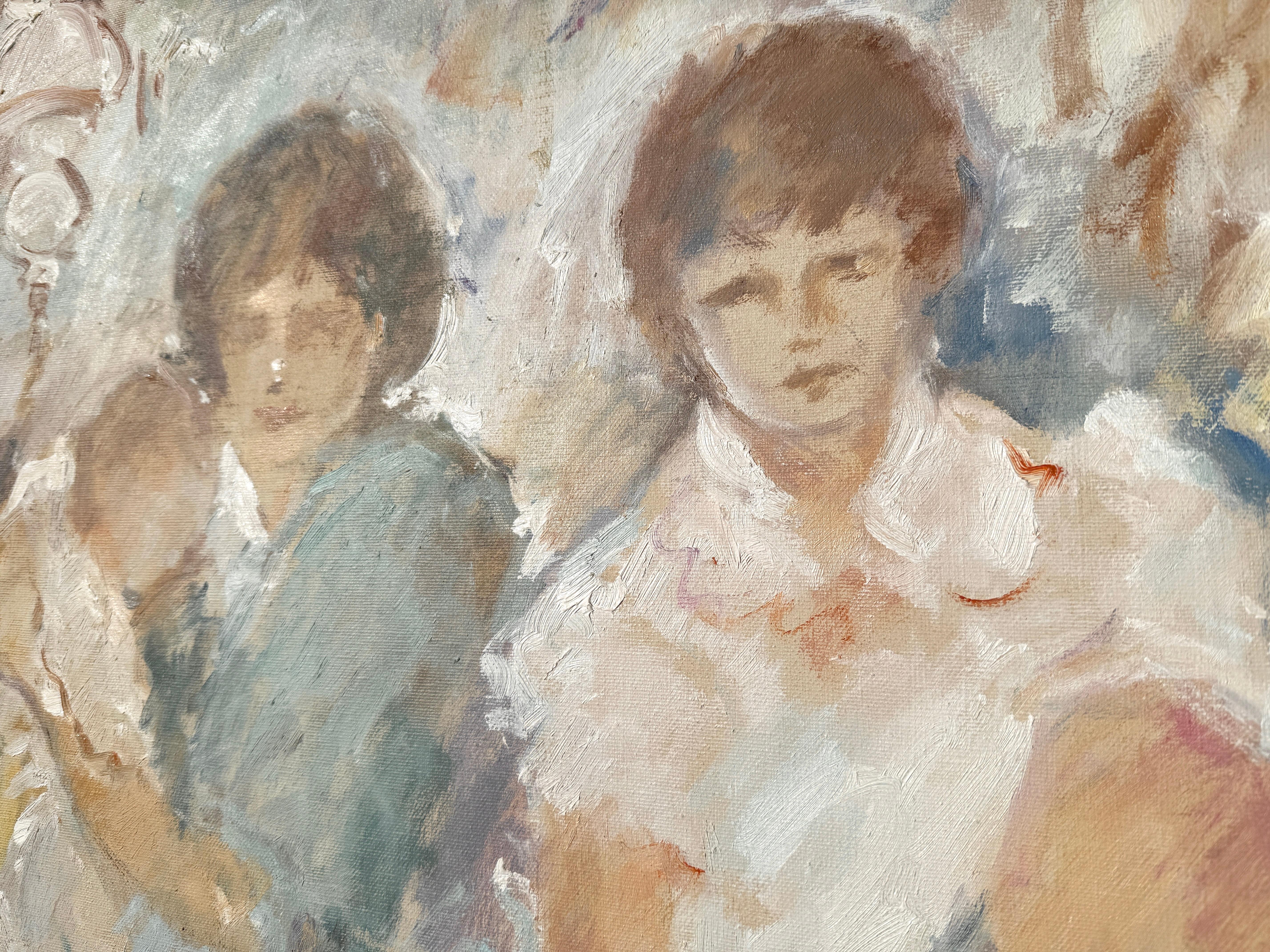 Afternoon mit Familie, Öl auf Leinwand, Gemälde (Beige), Interior Painting, von Josep Costa Vila