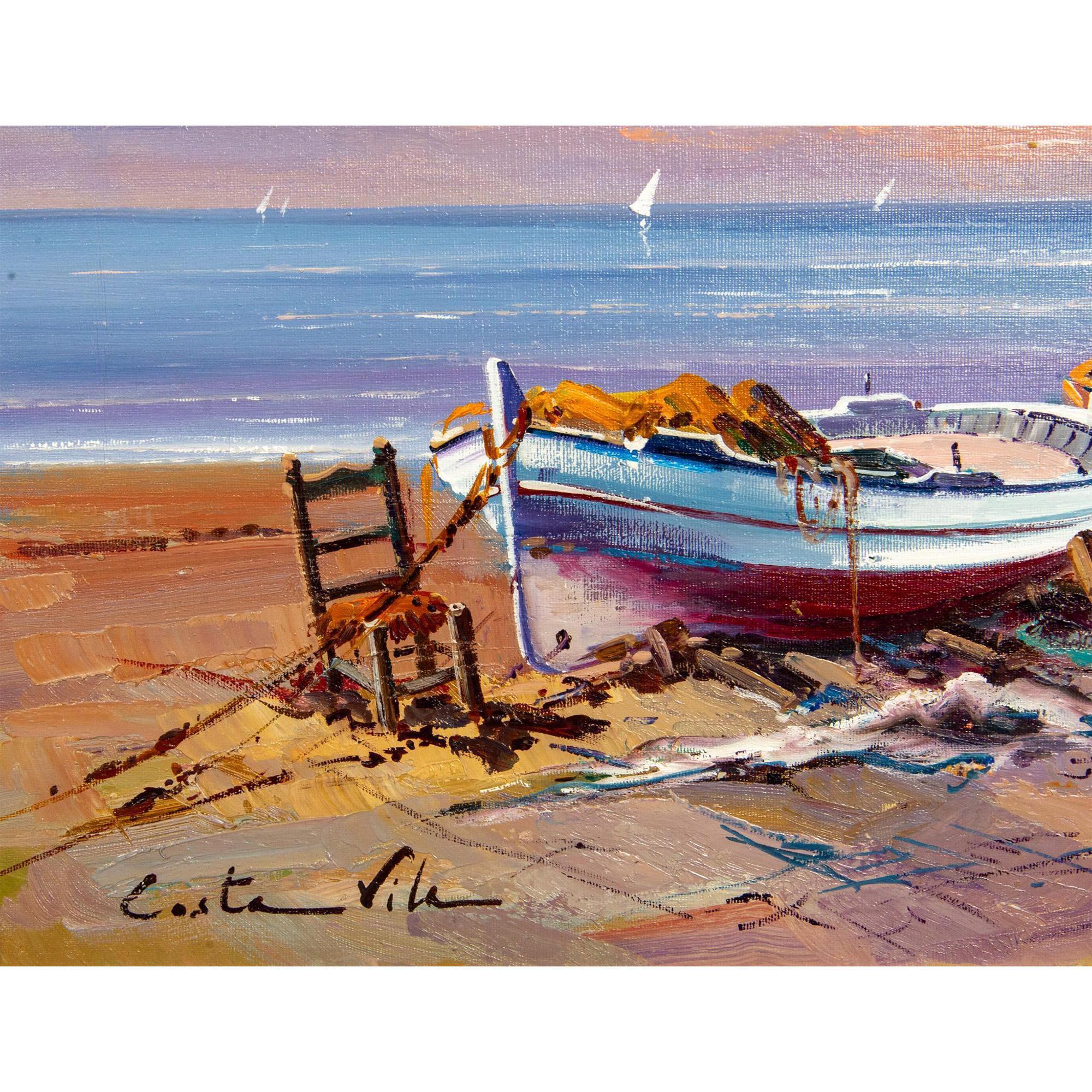 Bateaux sur la plage Paysage marin - Marron Landscape Painting par Josep Costa Vila