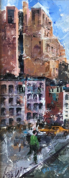 View of Barcelona oil and collage on panel urbanscape painting
