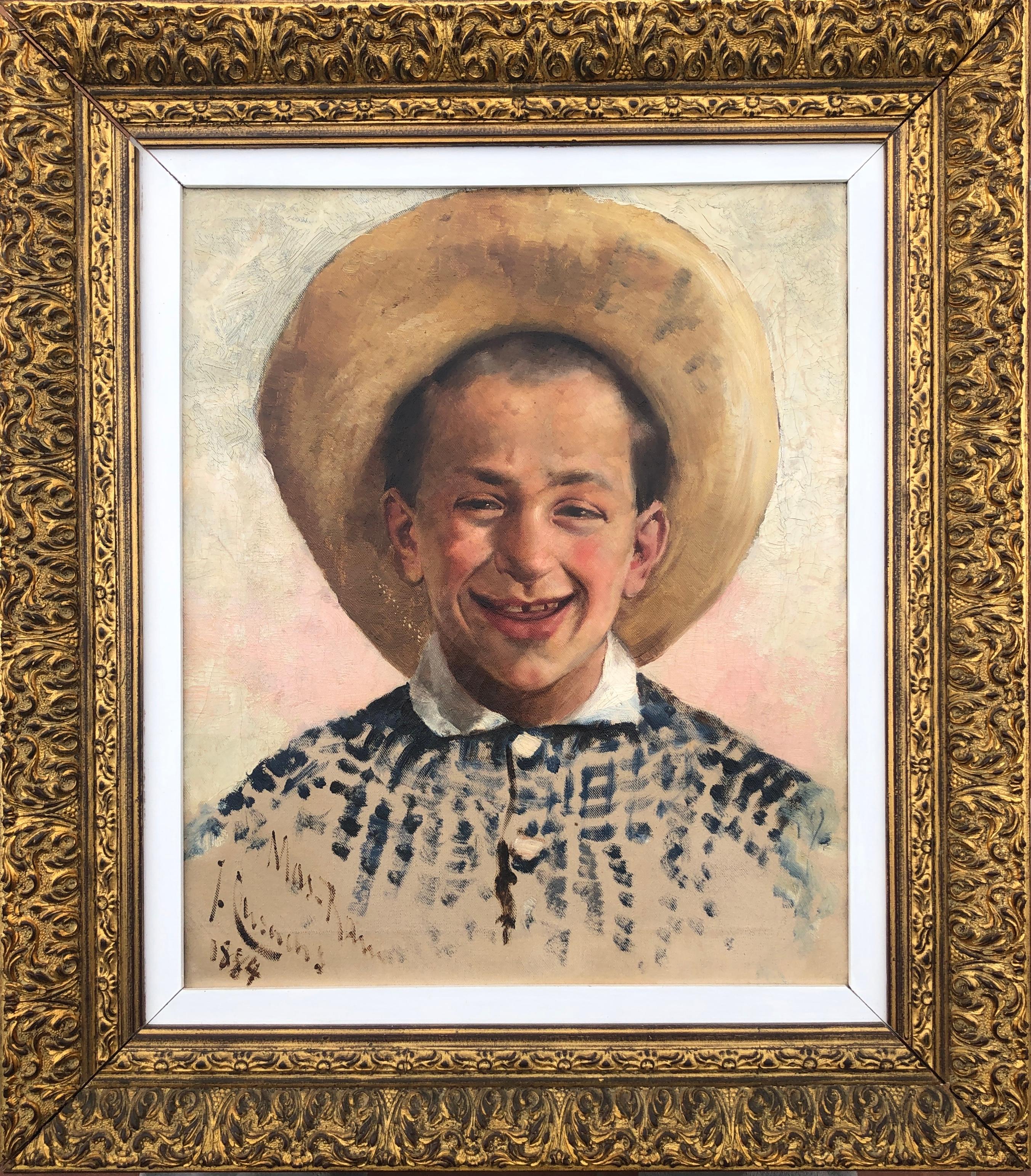 Porträt eines jungen Mannes mit Strohhut, Öl auf Leinwand, Gemälde – Painting von Josep Cusachs i Cusachs