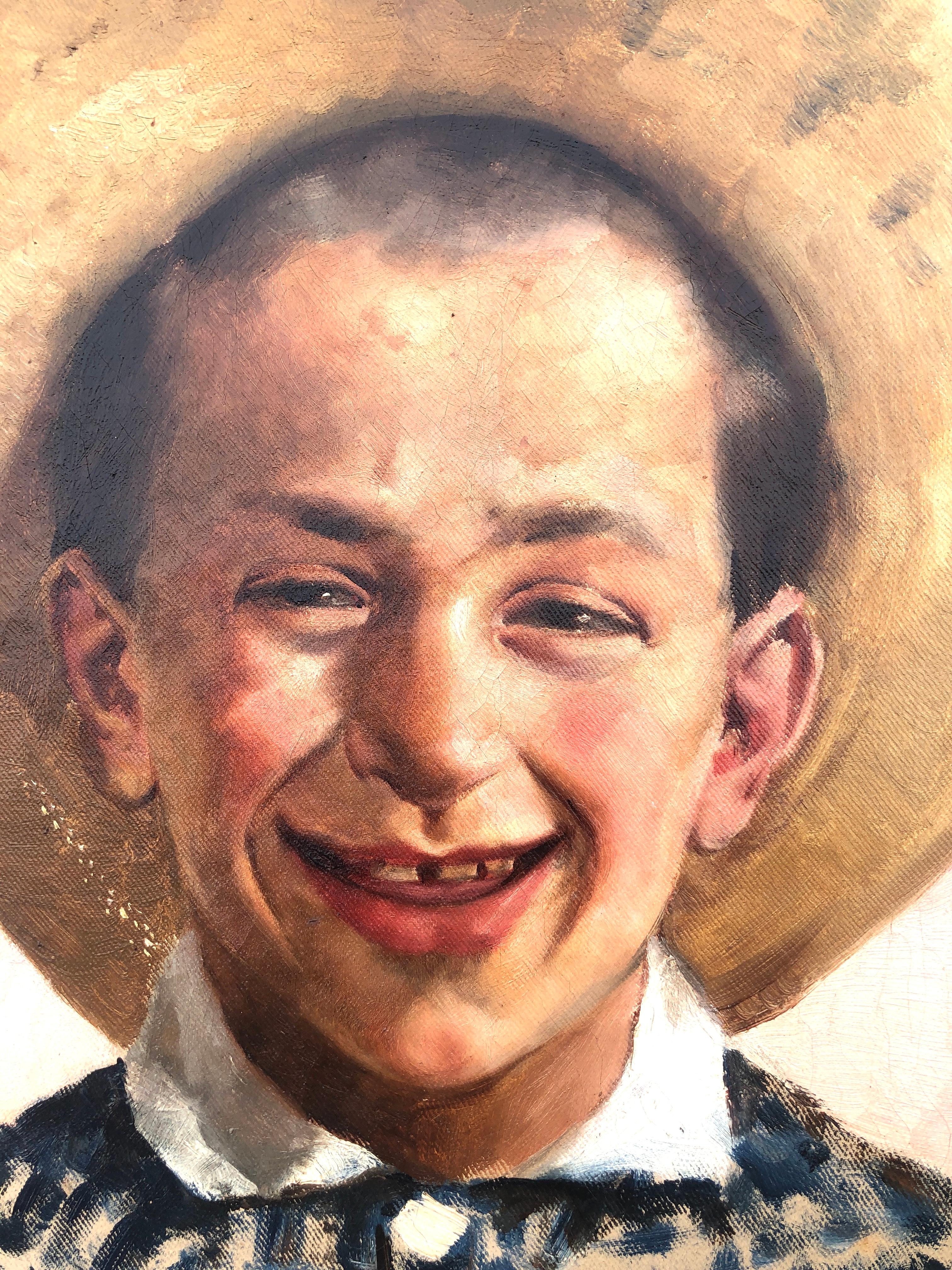 Porträt eines jungen Mannes mit Strohhut, Öl auf Leinwand, Gemälde (Beige), Portrait Painting, von Josep Cusachs i Cusachs