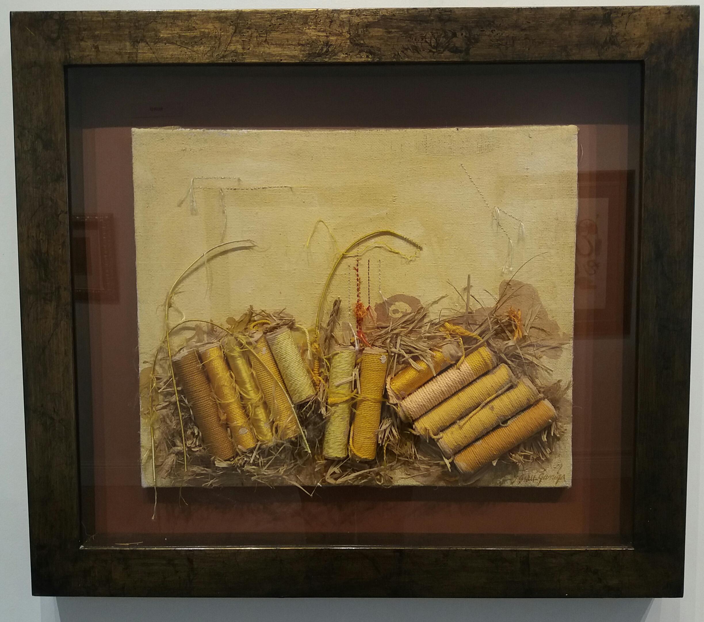 Grau Garriga 35 Collage Textile  Coils  Golden  Yellow.  original  mixed media - Abstract Painting by Josep Grau-Garriga