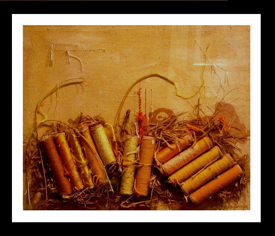 Josep Grau-Garriga Abstract Painting - Grau Garriga 35 Collage Textile  Coils  Golden  Yellow.  original  mixed media