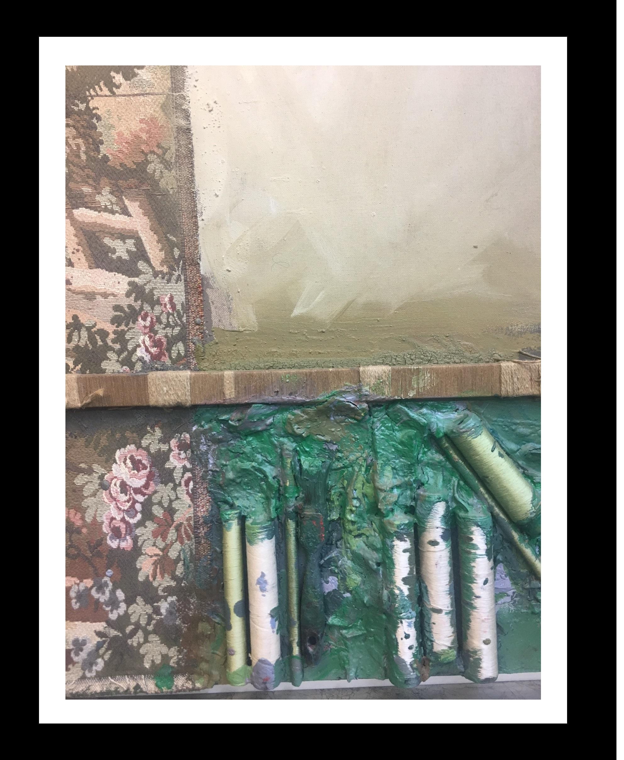  Grau Garriga   Textilien  Gewindespulen  Grün  Ocker  Collage. abstrakt 
