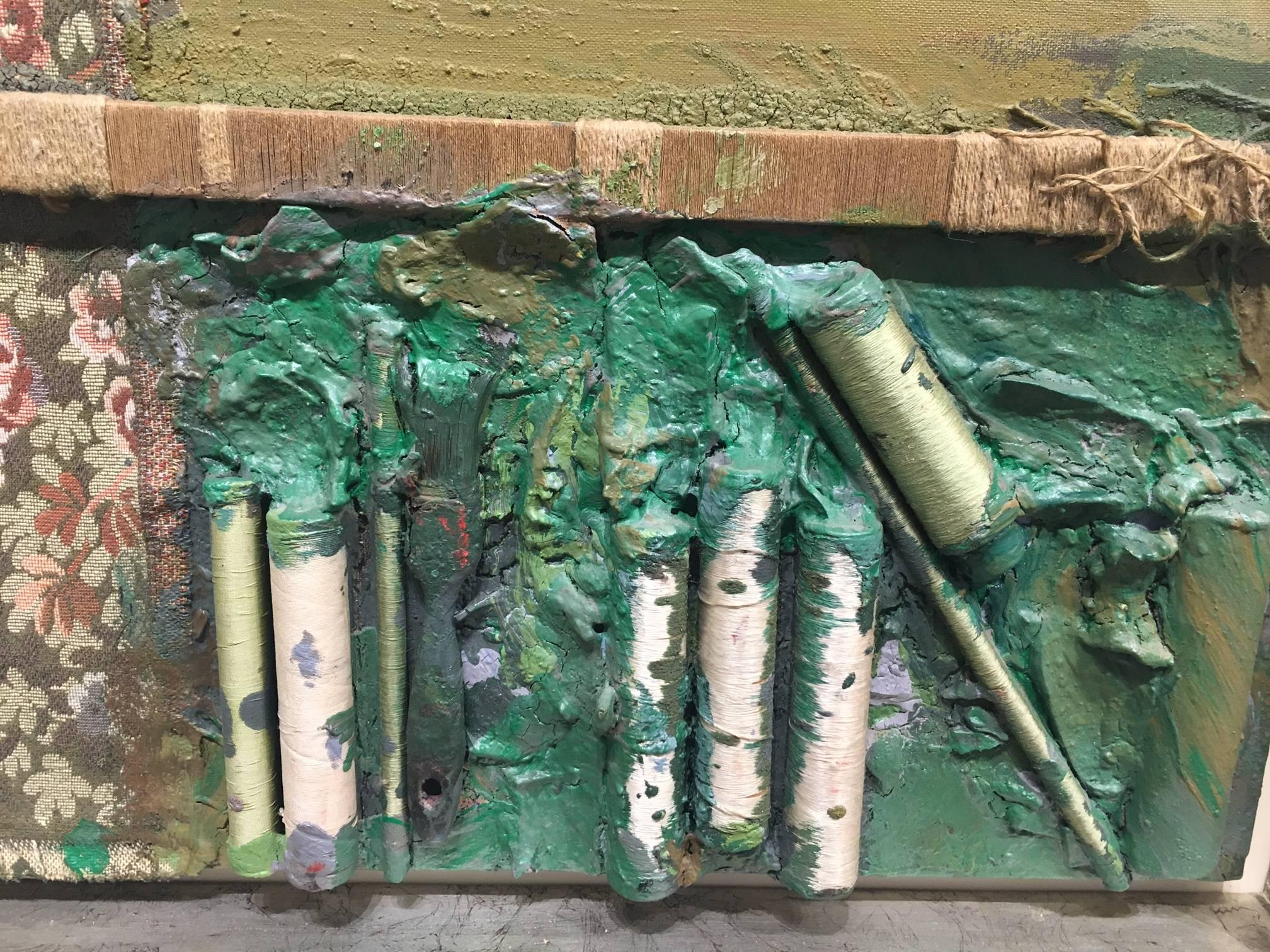 Grau Garriga  6Textile  Thread Spools  Green  Ocher  Collage. abstract For Sale 4