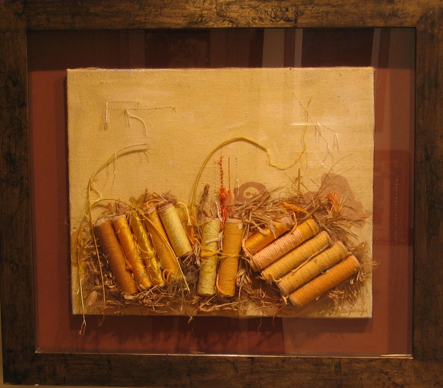 Josep Grau-Garriga Abstract Painting - Grau Garriga Collage Textile Coils Golden Yellow. original mixed media