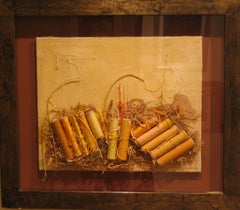 Grau Garriga Collage di bobine tessili Giallo oro. tecnica mista originale