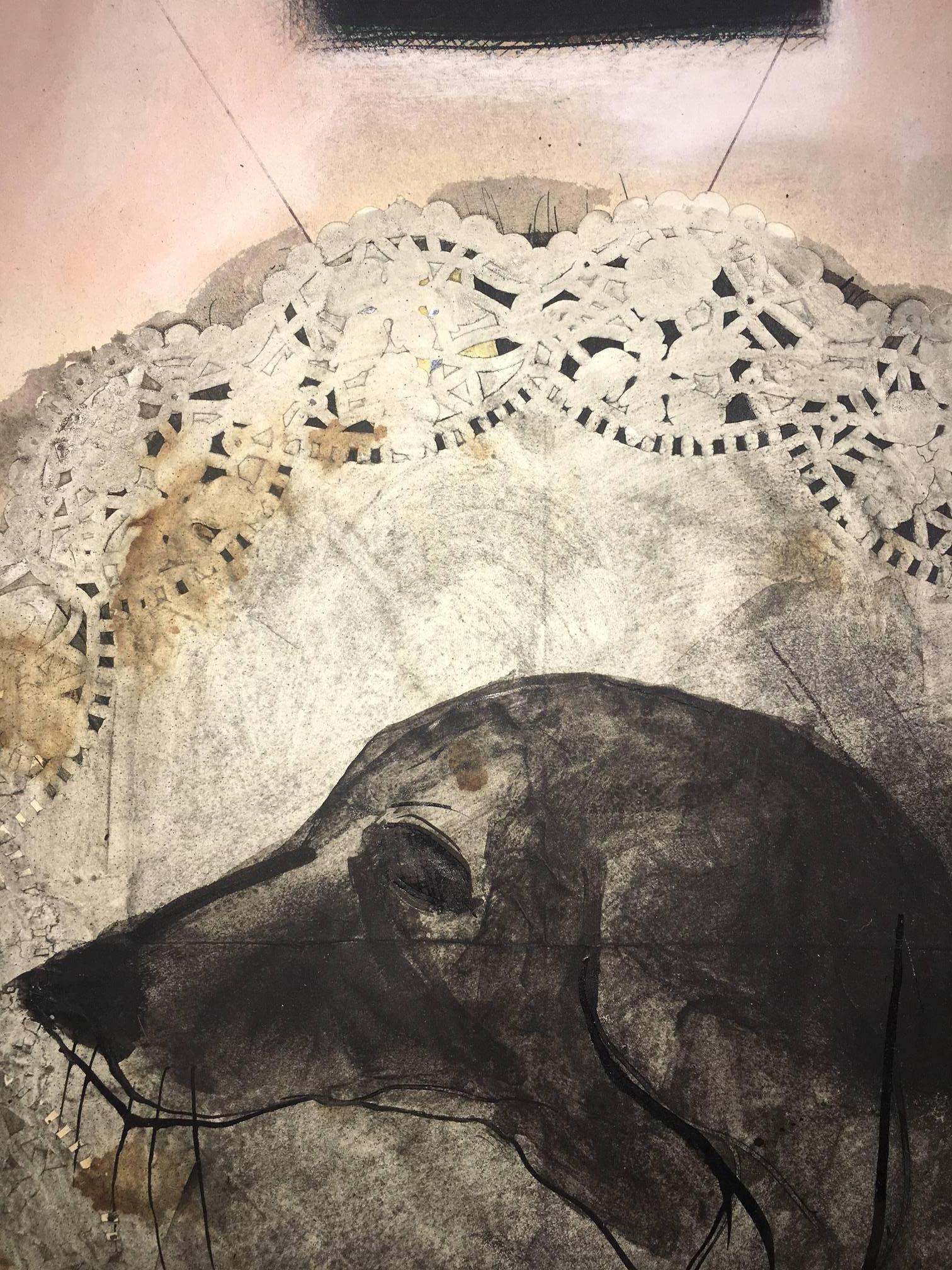 Grau Garriga   DOG   Vertical  original contemporary mixed media painting - Black Abstract Painting by Josep Grau-Garriga