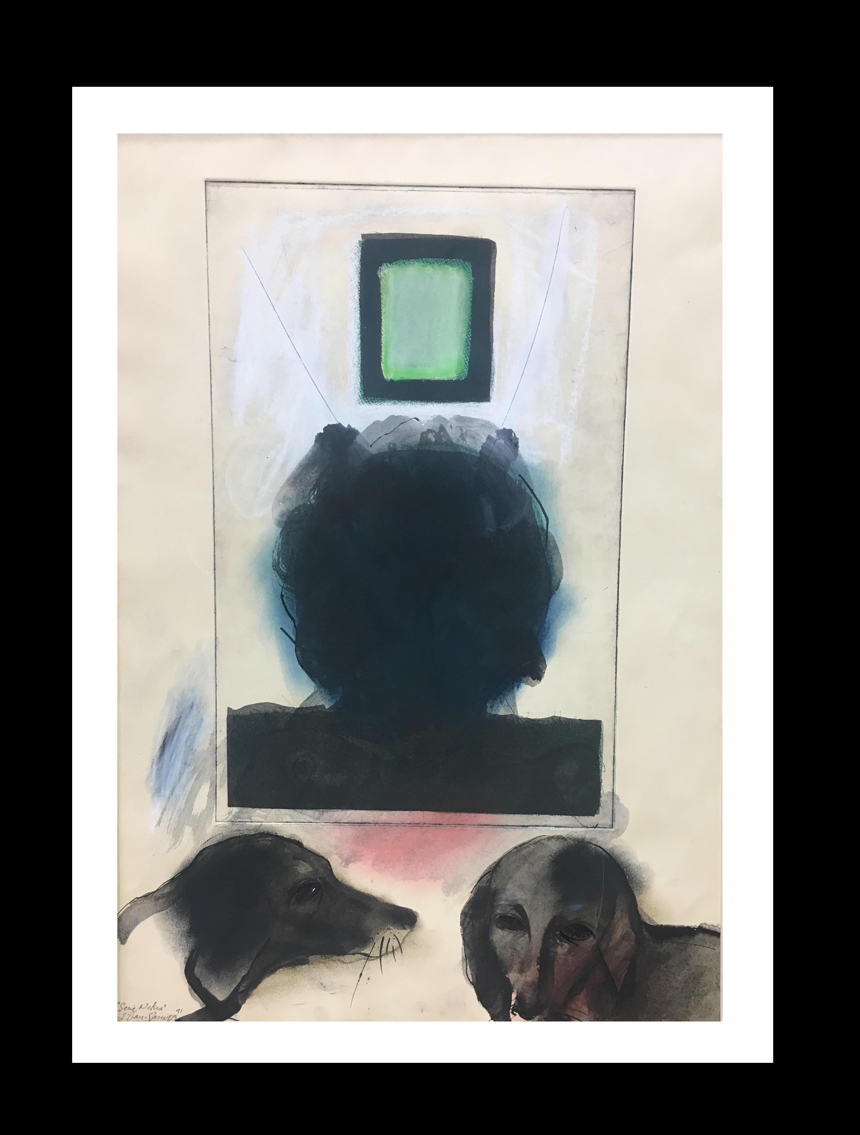 Grau Garriga   Vertical    Dog   original mixed media paper painting - Painting by Josep Grau-Garriga