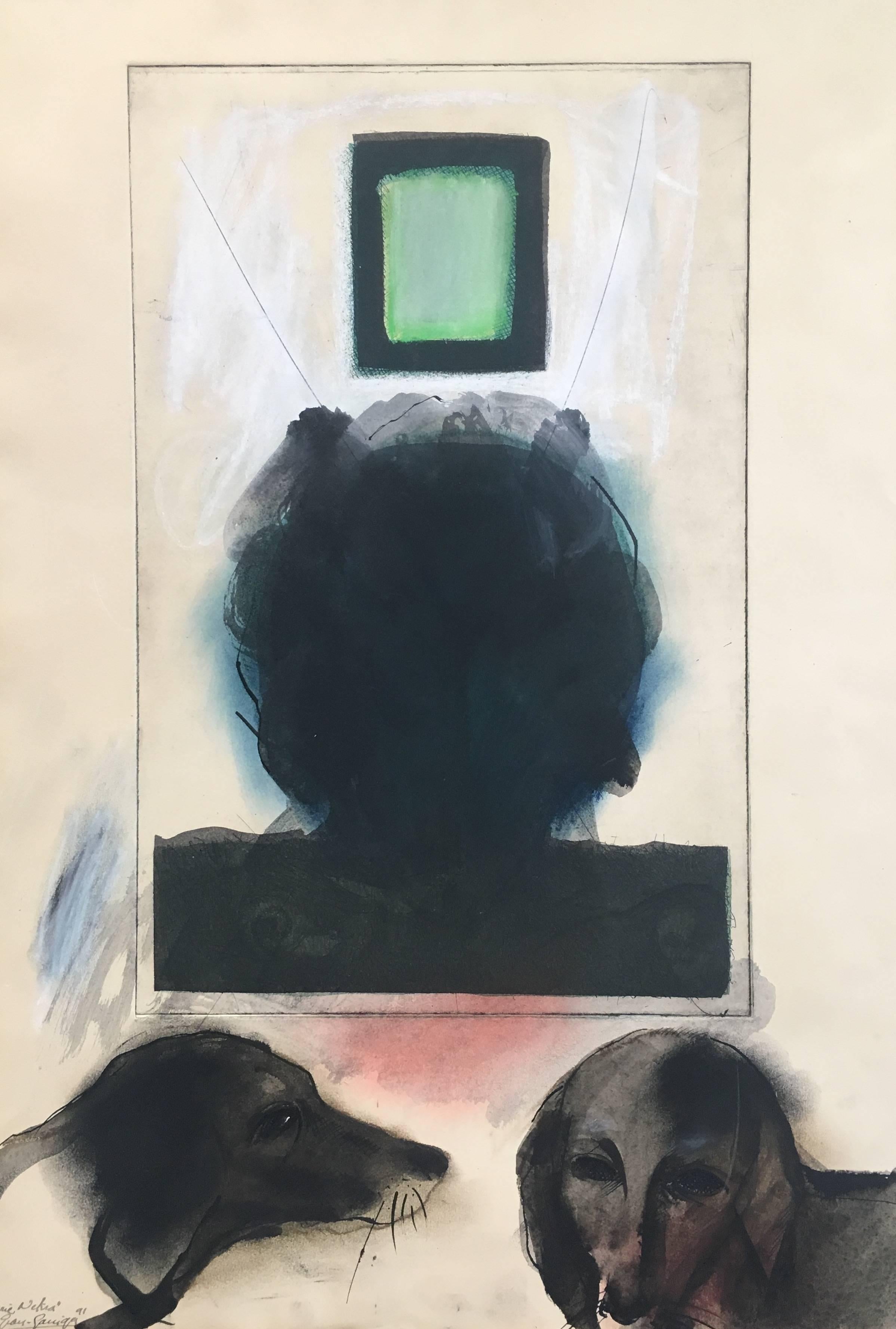 Grau Garriga   Vertical    Dog   original mixed media paper painting - Abstract Painting by Josep Grau-Garriga