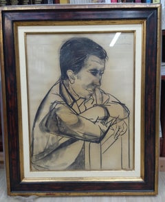 Vintage Guinovart. Thoughtful Man  Black and White. drawing on cardboard 