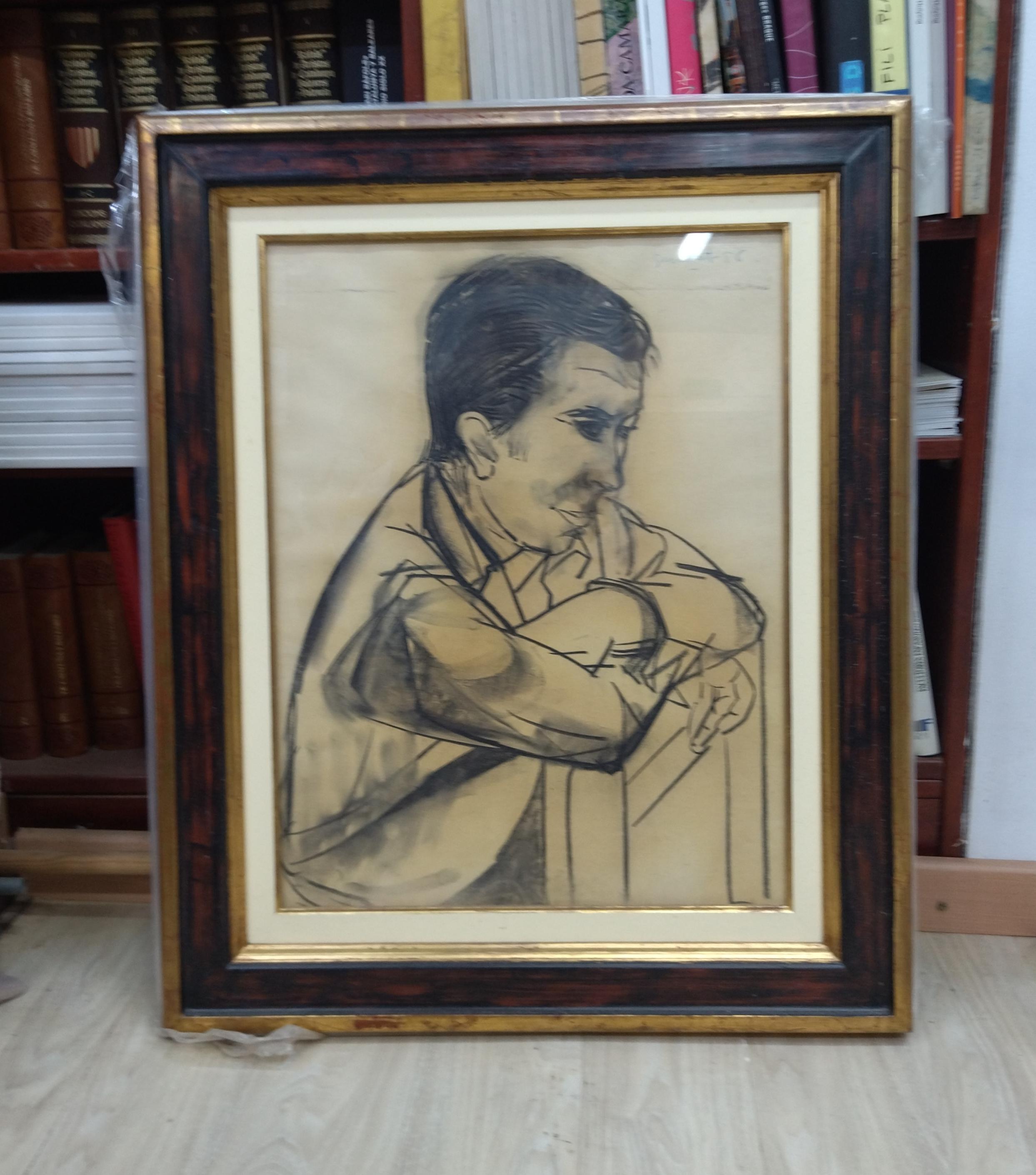 Guinovart. L'homme réfléchi  Noir et blanc. dessin sur carton - Painting de Josep Guinovart Bertrán