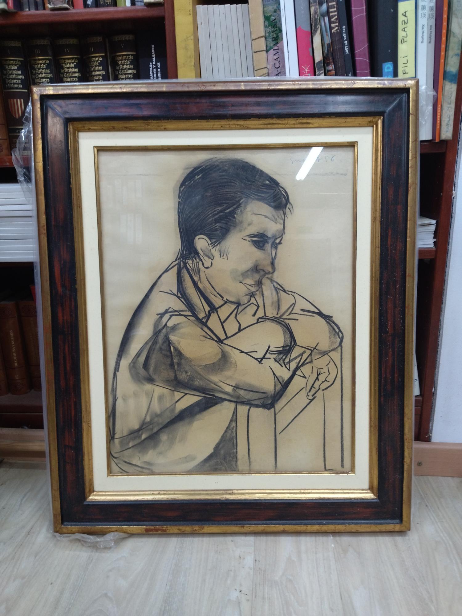 Guinovart. L'homme réfléchi  Noir et blanc. dessin sur carton - Abstrait Painting par Josep Guinovart Bertrán