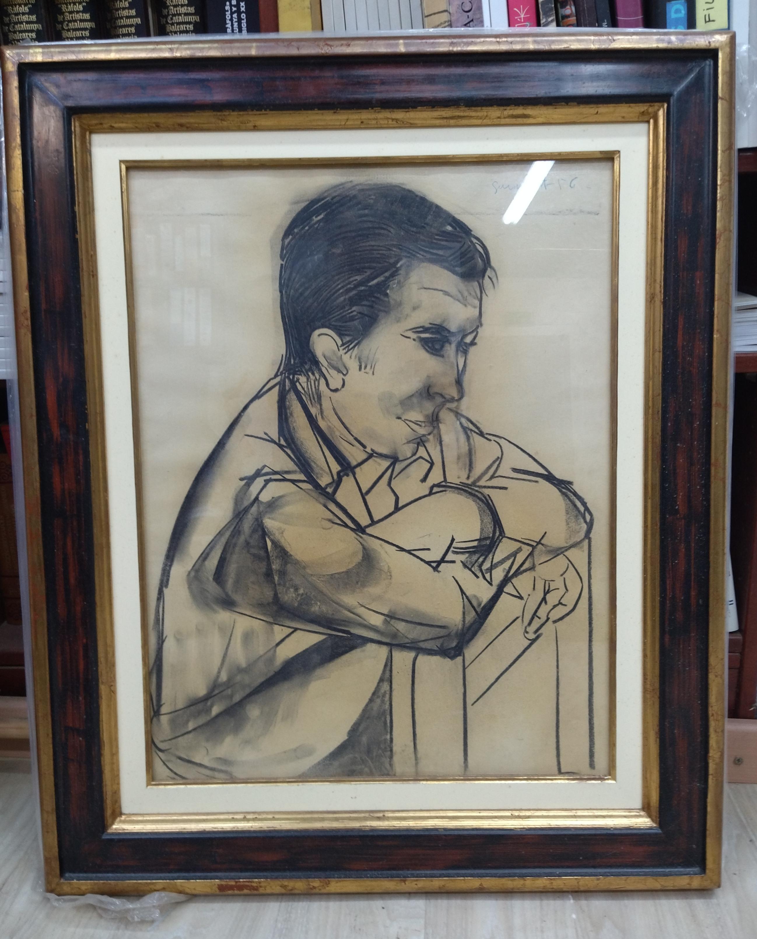 Guinovart. Homme réfléchi. dessin en noir et blanc sur carton 
Josep Guinovart i Bertran (Barcelone 1927-2007) était un peintre, dessinateur et graveur catalan, espagnol.

Après avoir étudié à l'école de la Lonja et de la promotion des arts