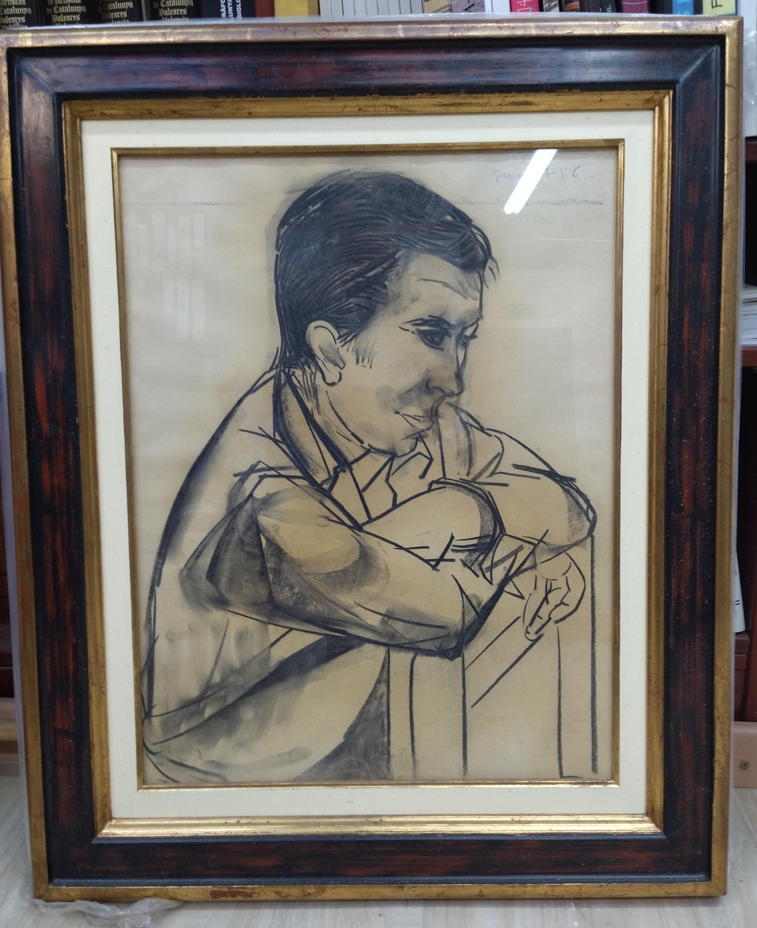 Portrait Painting Josep Guinovart Bertrán - Guinovart. L'homme réfléchi  Noir et blanc. dessin sur carton