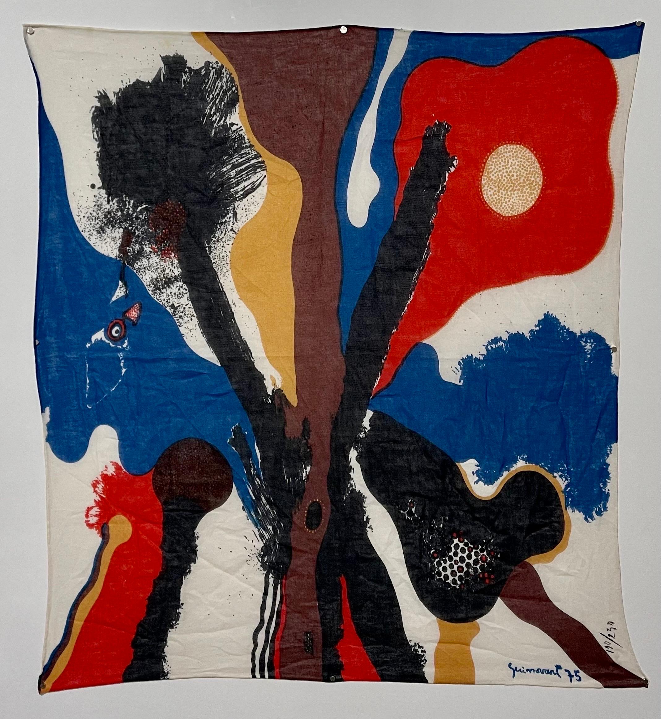 This is a thin cotton (that is my best estimate. it does not feel like silk) scarf, woven textile, fabric piece. It is signed in the print and hand numbered. 

Josep Guinovart (1927 –2007) was a Spanish Catalan painter most famous for his