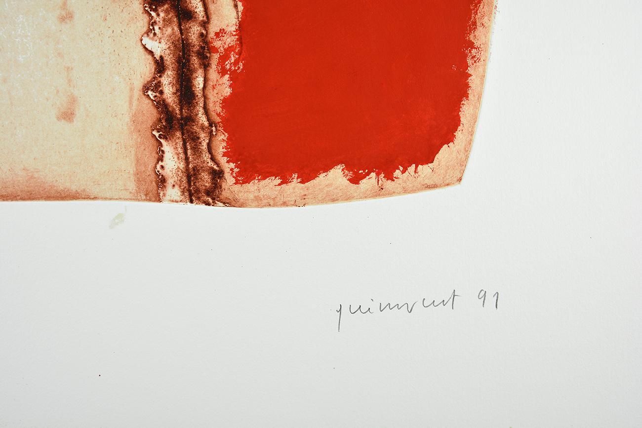 Josep Guinovart - IMATGES I TERRA II
Data di creazione: 1991
Medium: Acquaforte colorata a mano su carta
Edizione: 50 + 10 H. A. C.
Dimensioni: 76 x 57 cm
Condizioni: In ottime condizioni e mai incorniciato
Osservazioni: Acquaforte colorata a mano