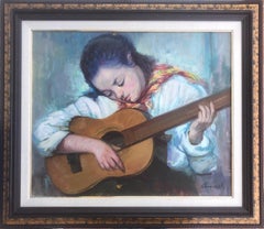 female guitarist oil on canvas painting woman portrait
