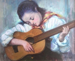 female guitarist oil on canvas painting woman portrait