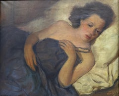Intimate reclining woman in blue, modern European figurative interior Oil Canvas