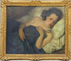 Intimate reclining woman in blue, modern European figurative interior Oil Canvas