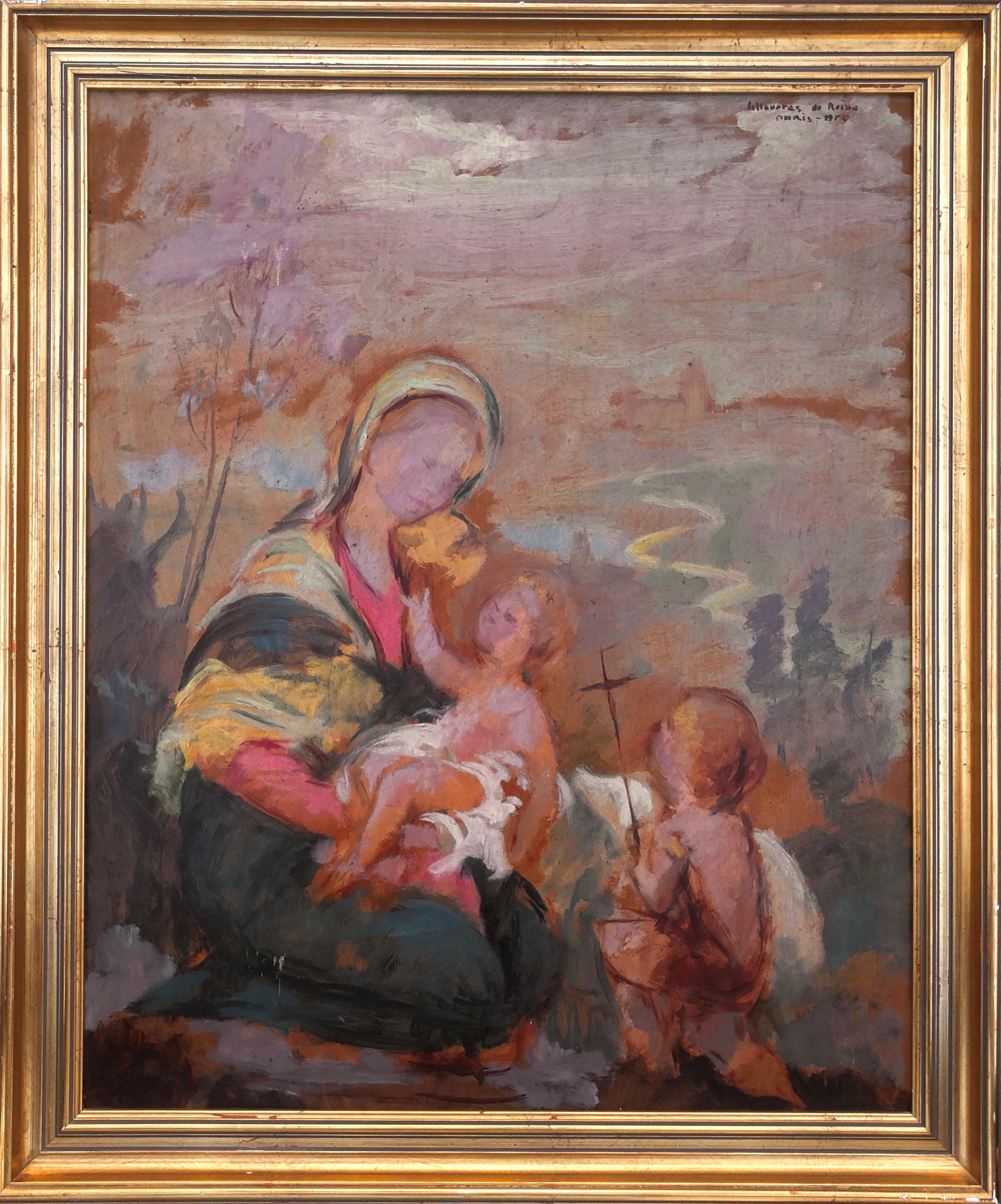 Jungfrau Maria und Kind Jesus Öl auf Karton Gemälde Christus – Painting von Josep Lloveras Feliu
