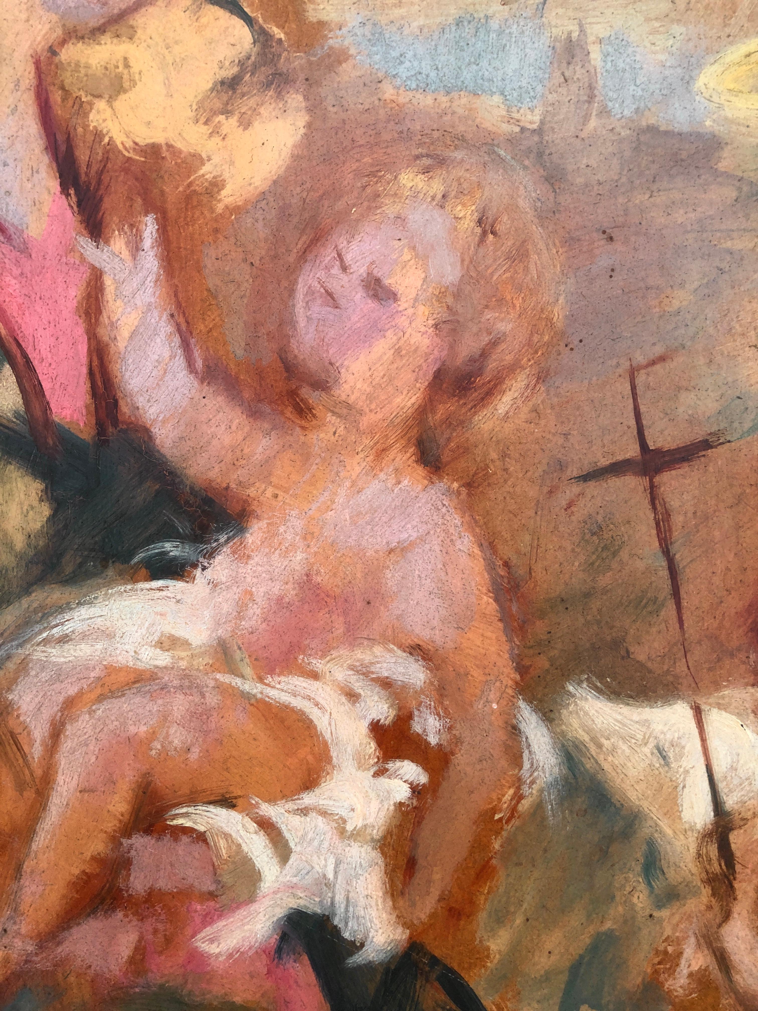 Vierge Marie et enfant Jésus peinture à l'huile sur carton Christ en vente 2