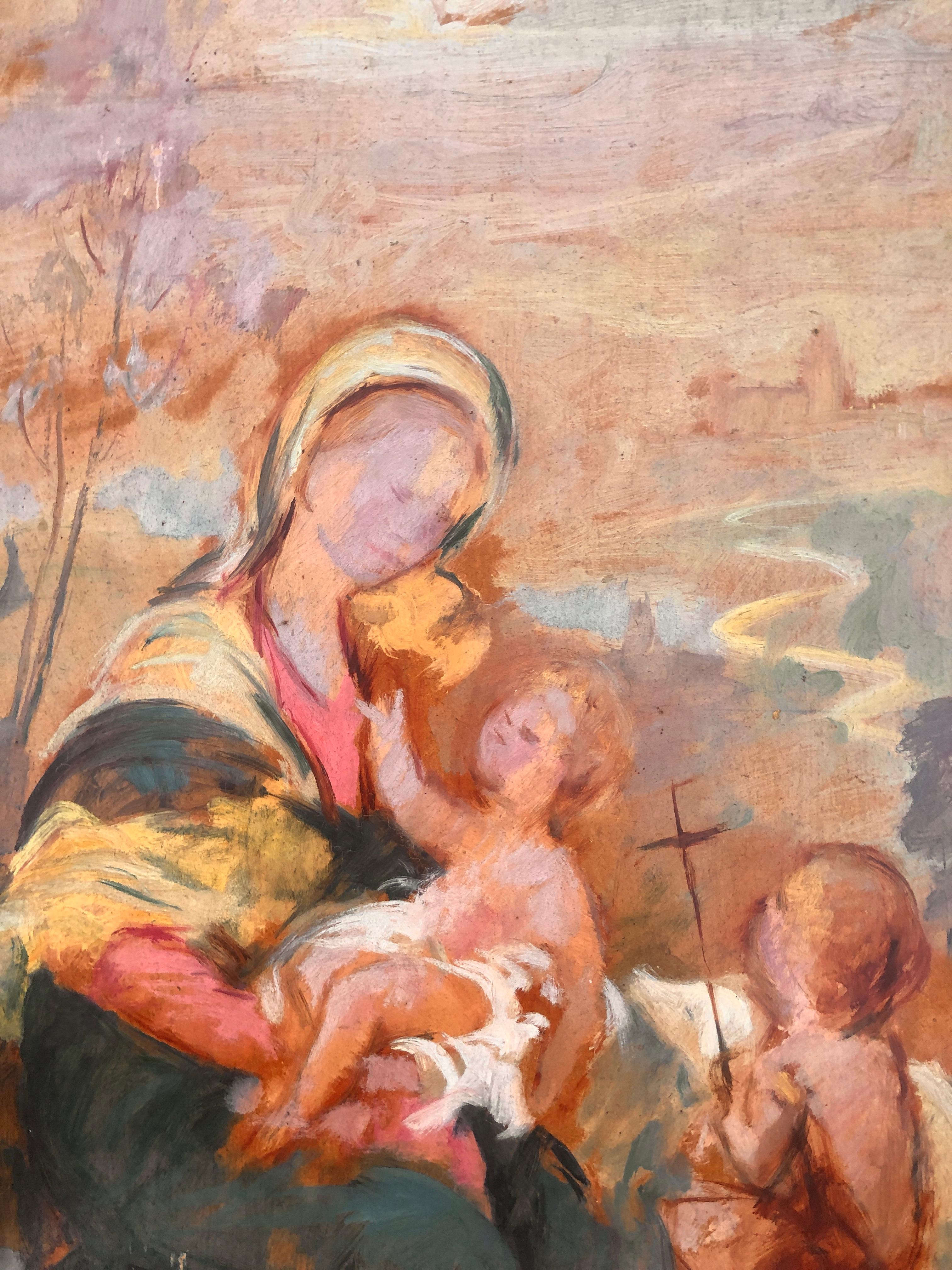 Jungfrau Maria und Kind Jesus Öl auf Karton Gemälde Christus im Angebot 3
