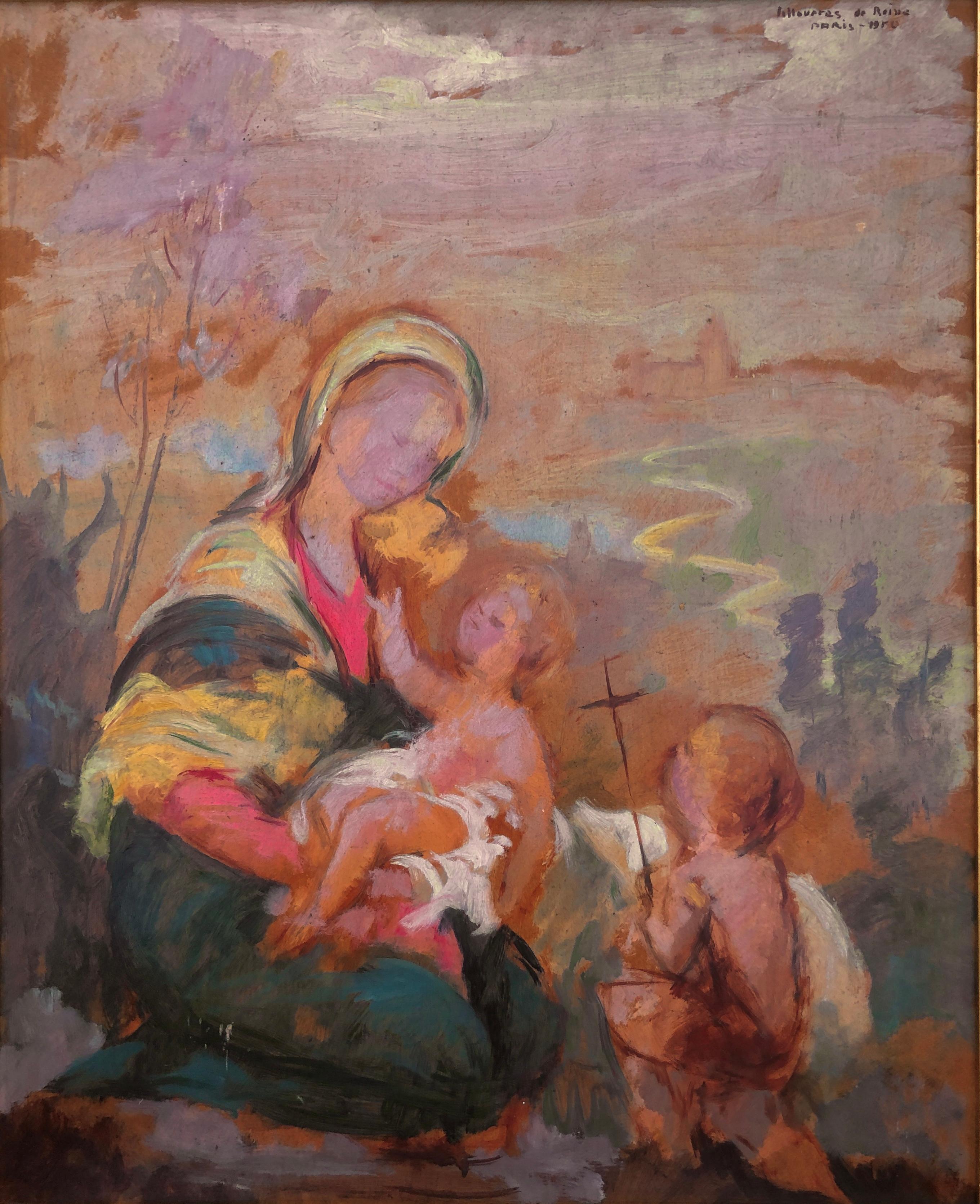 Figurative Painting Josep Lloveras Feliu - Vierge Marie et enfant Jésus peinture à l'huile sur carton Christ