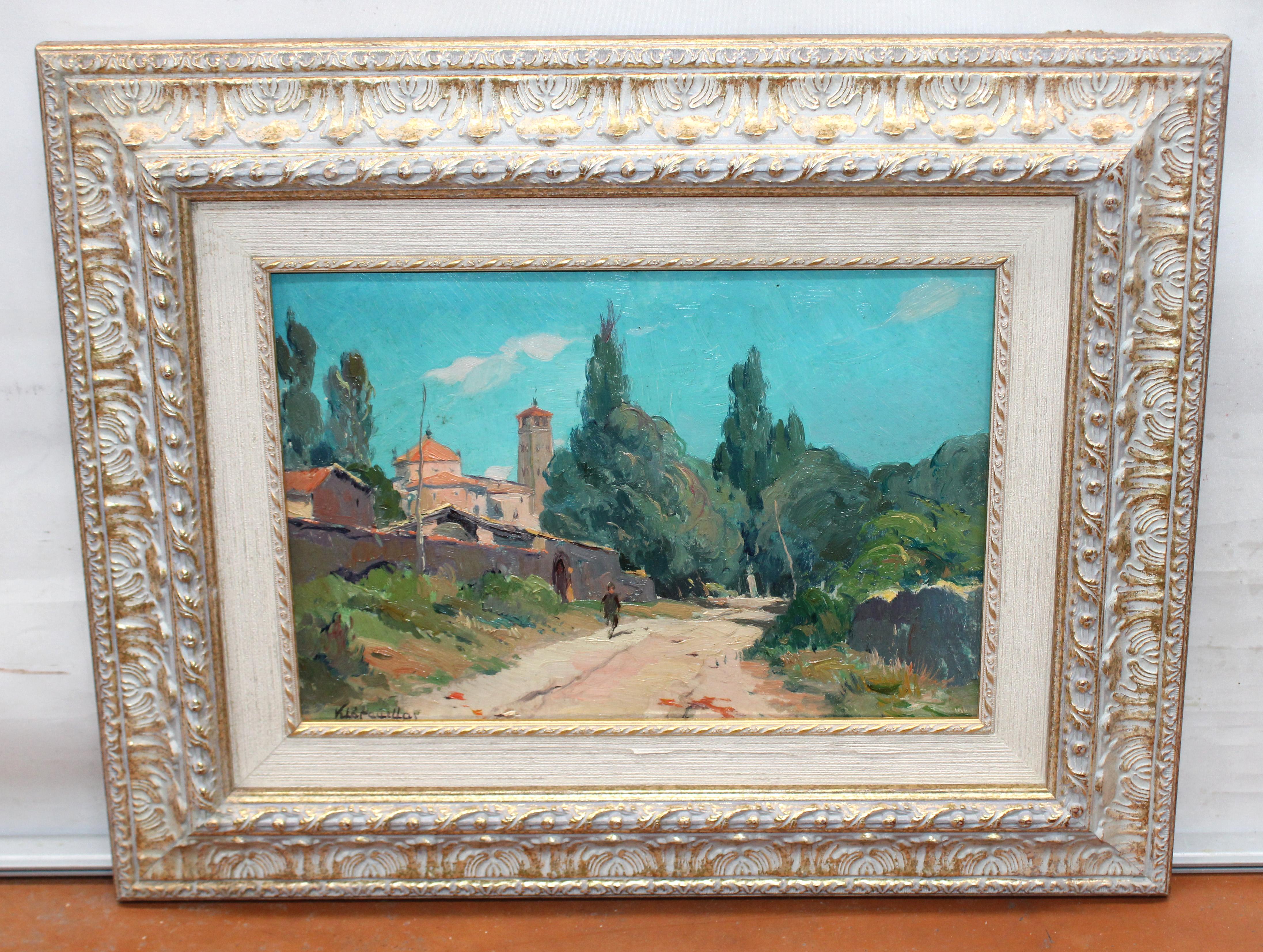 Óleo sobre tela - Paisaje con iglesia y caminante - Año 1940 - Painting by Josep Mª Vila Cañellas